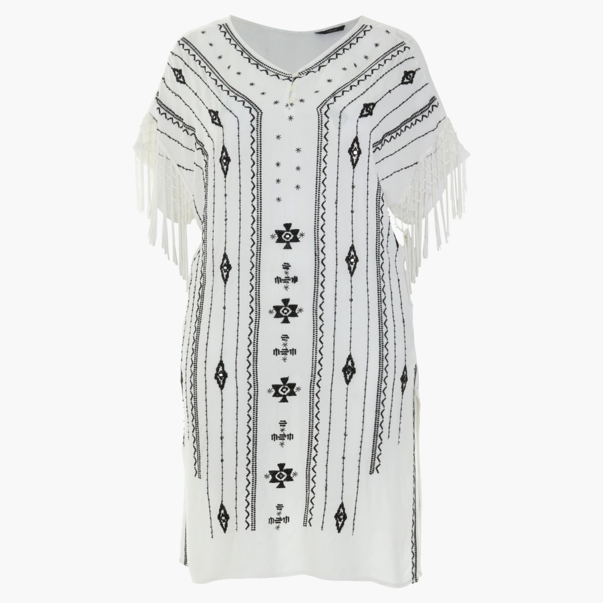 Plus Size Embroidered Long Top with V-Neck and Short Sleeves with Fringe Details-women-clothing-shirtsandblouses-blouses-image-1