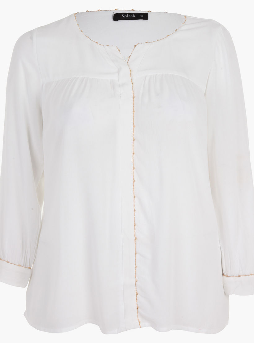 Plus Size Round Neck Top with Long Sleeves and Edge Trim Details-women-clothing-shirtsandblouses-blouses-image-1