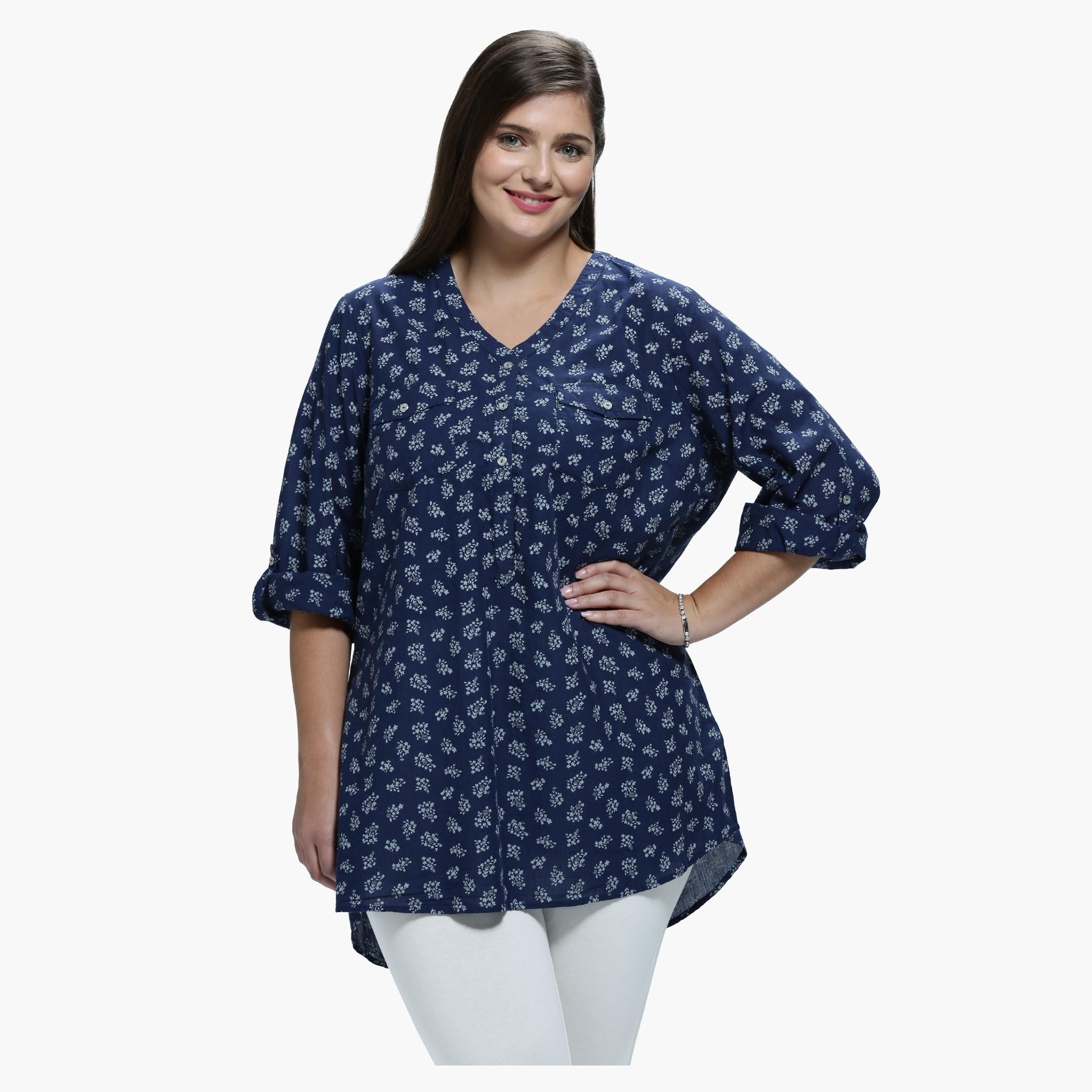 Plus Size Printed Top with V-Neck and Long Sleeves-women-clothing-shirtsandblouses-blouses-image-1
