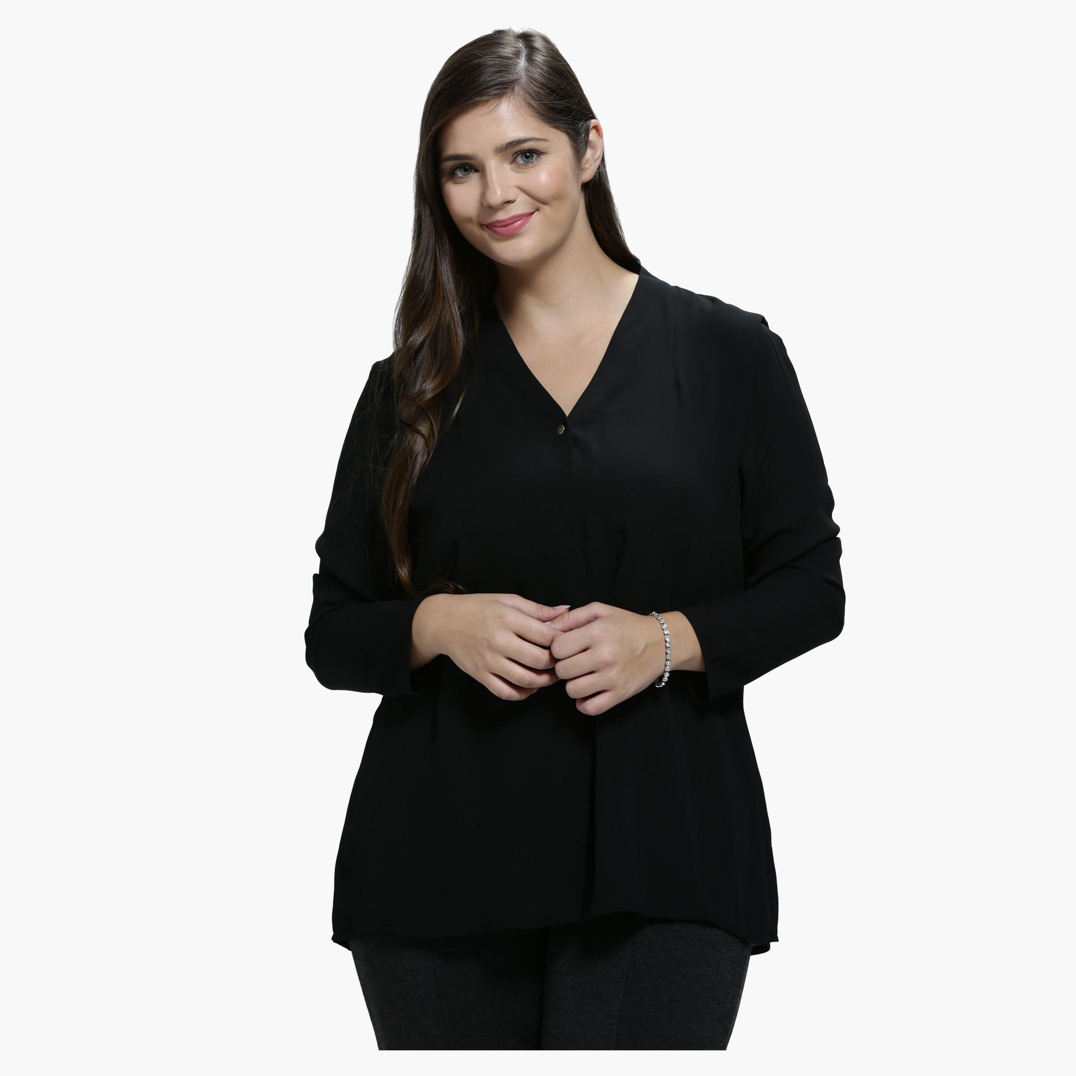 Plus Size Top with V-Neck and Long Sleeves-women-clothing-shirtsandblouses-blouses-image-1