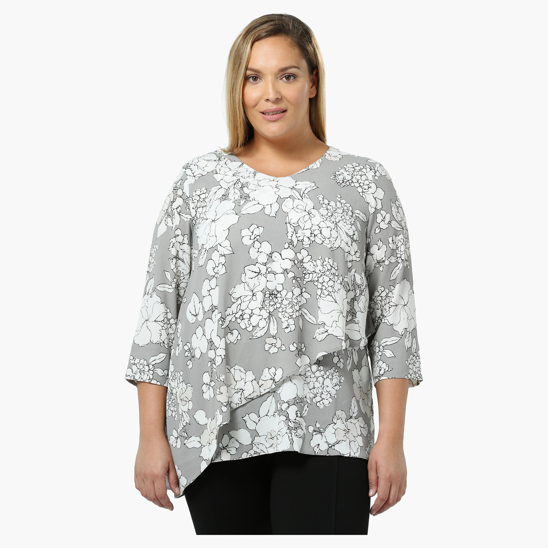 Plus Size Floral Printed Double-layered Top-women-clothing-shirtsandblouses-blouses-image-1