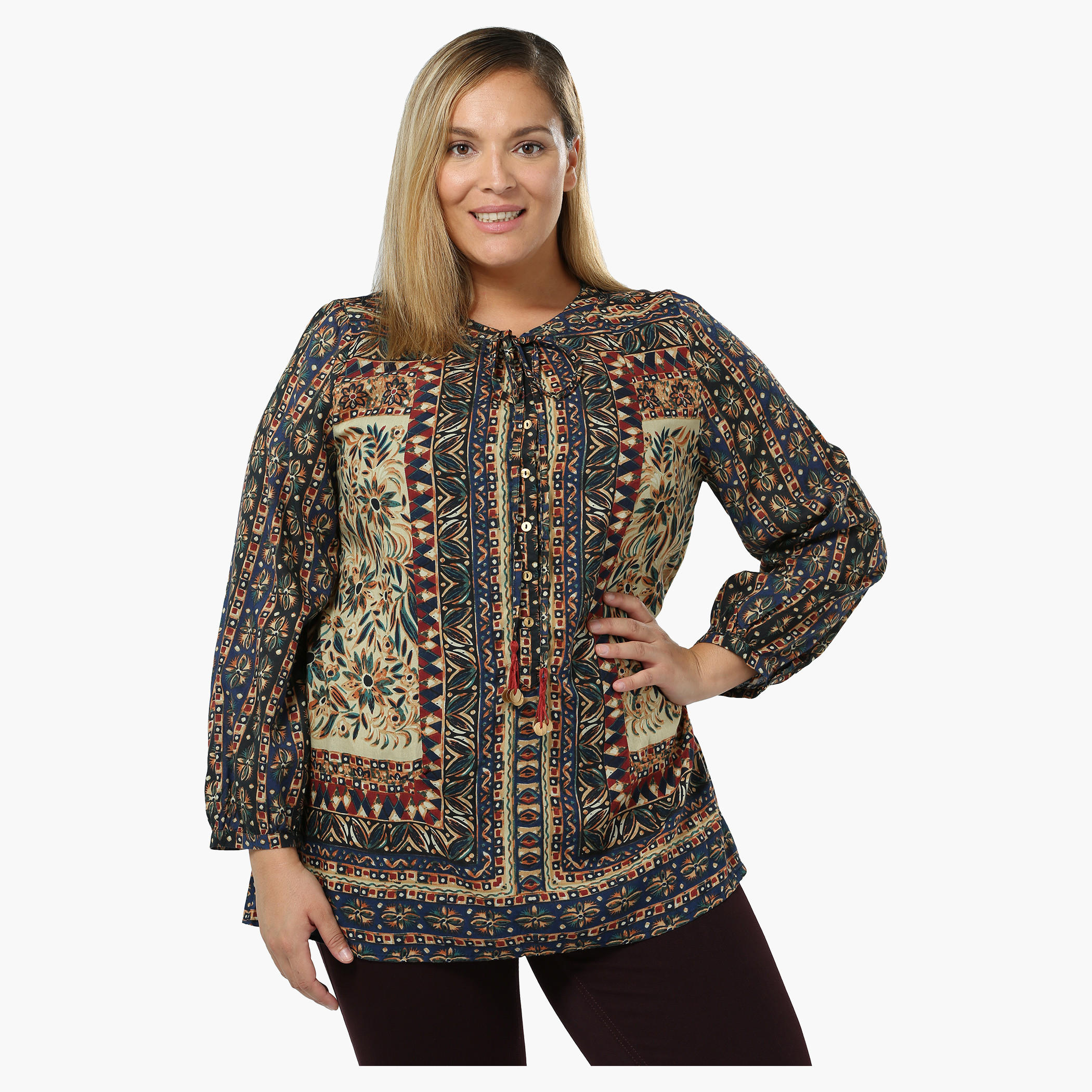 Plus Size Printed Top with Tie-up Neck-women-clothing-shirtsandblouses-blouses-image-5