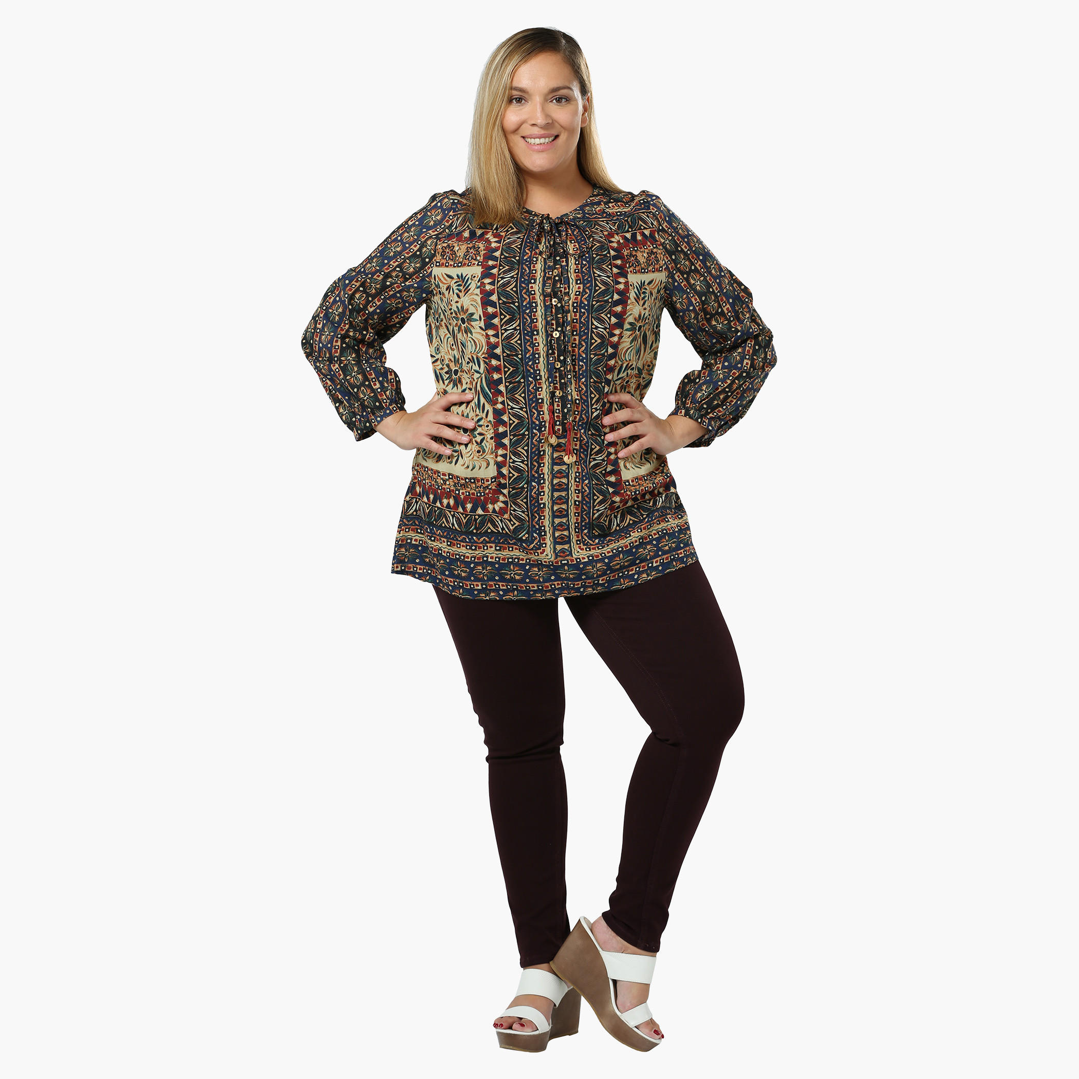 Plus Size Printed Top with Tie-up Neck-women-clothing-shirtsandblouses-blouses-image-1