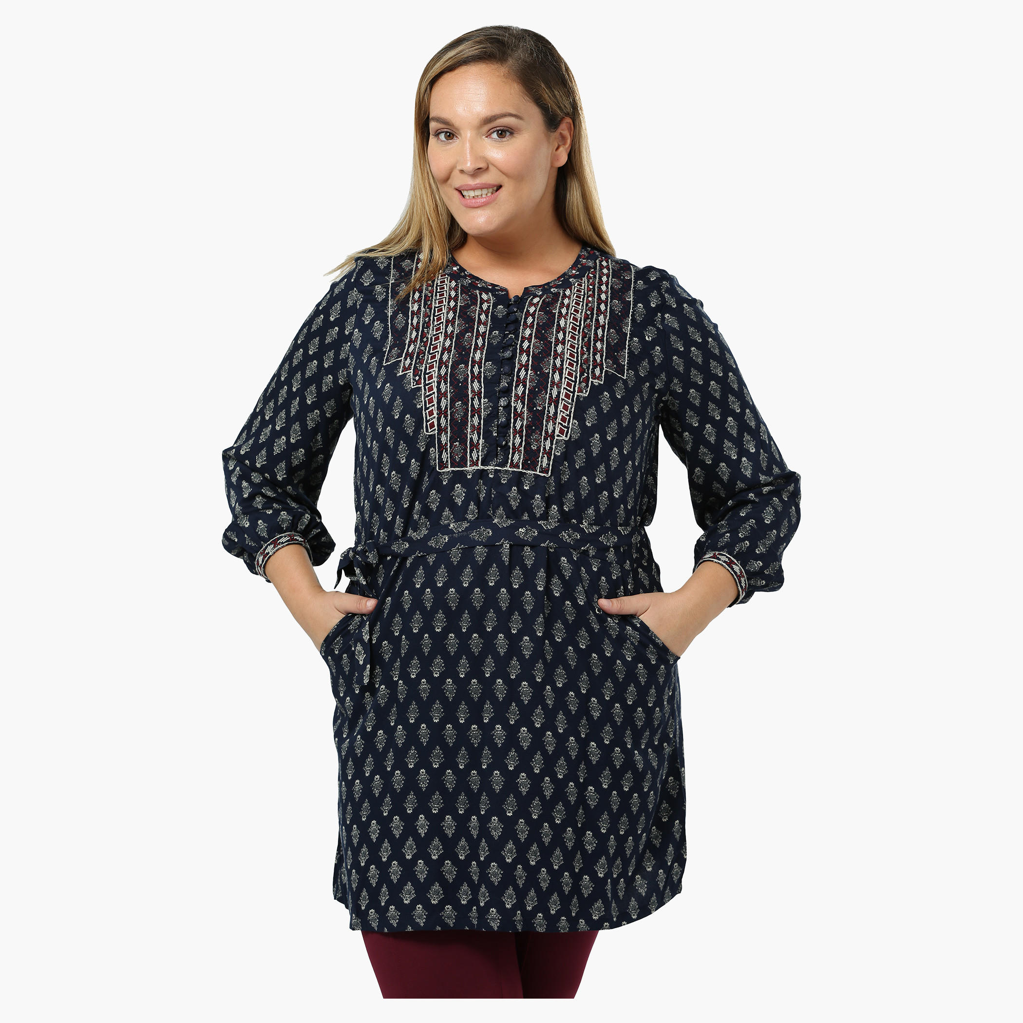 Plus Size Printed Tunic with Embroidered Neck and Belt-women-clothing-shirtsandblouses-blouses-image-1