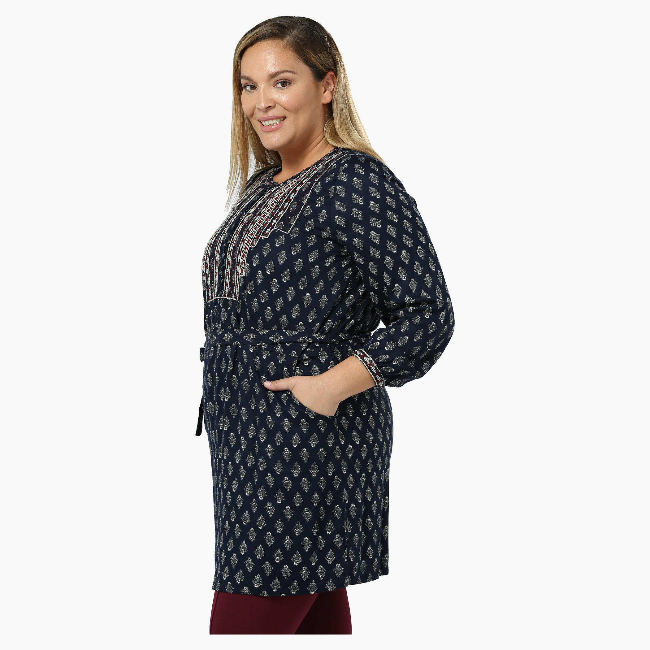 Plus Size Printed Tunic with Embroidered Neck and Belt-women-clothing-shirtsandblouses-blouses-image-3