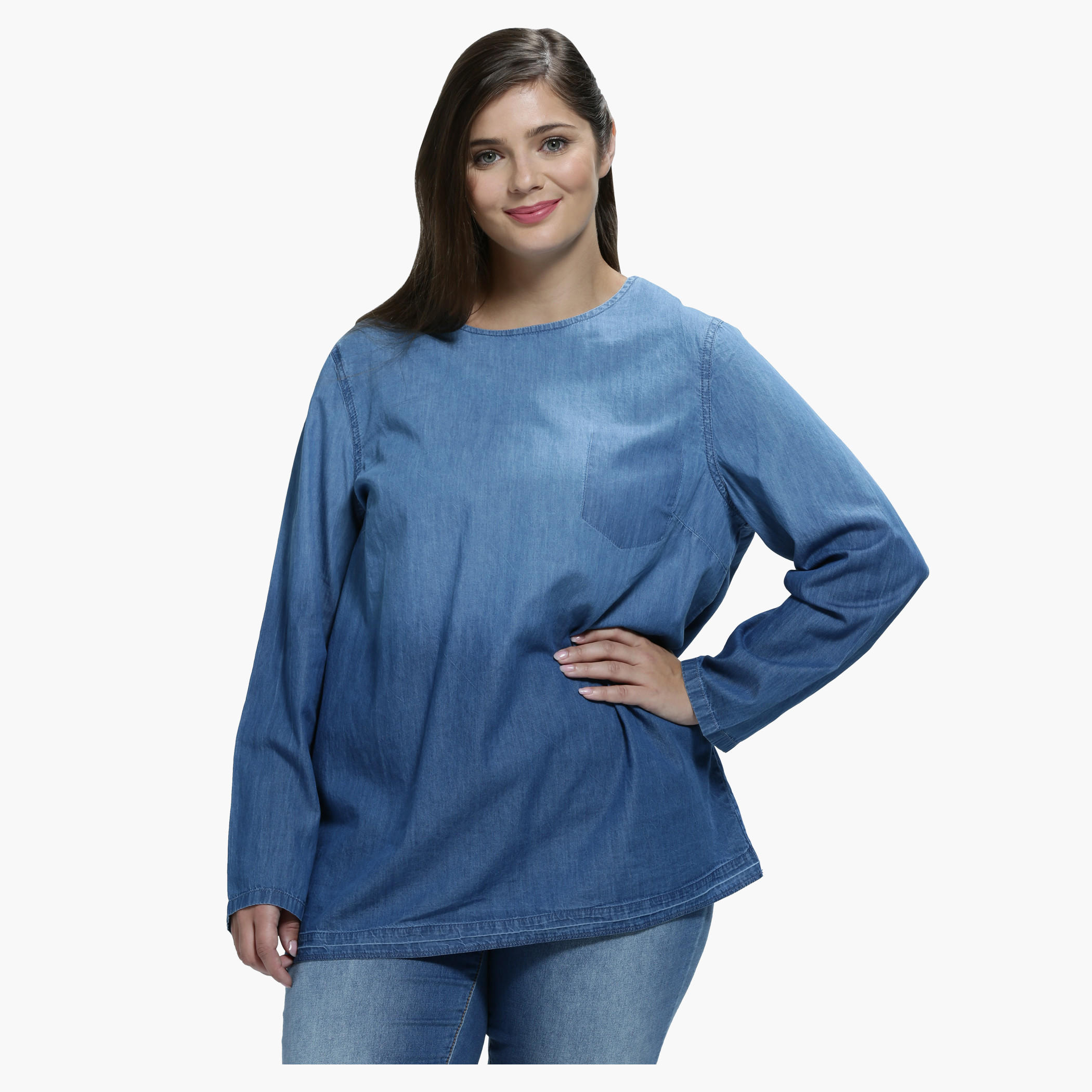Plus Size Denim Shirt with Round Neck and Long Sleeves-women-clothing-shirtsandblouses-blouses-image-1