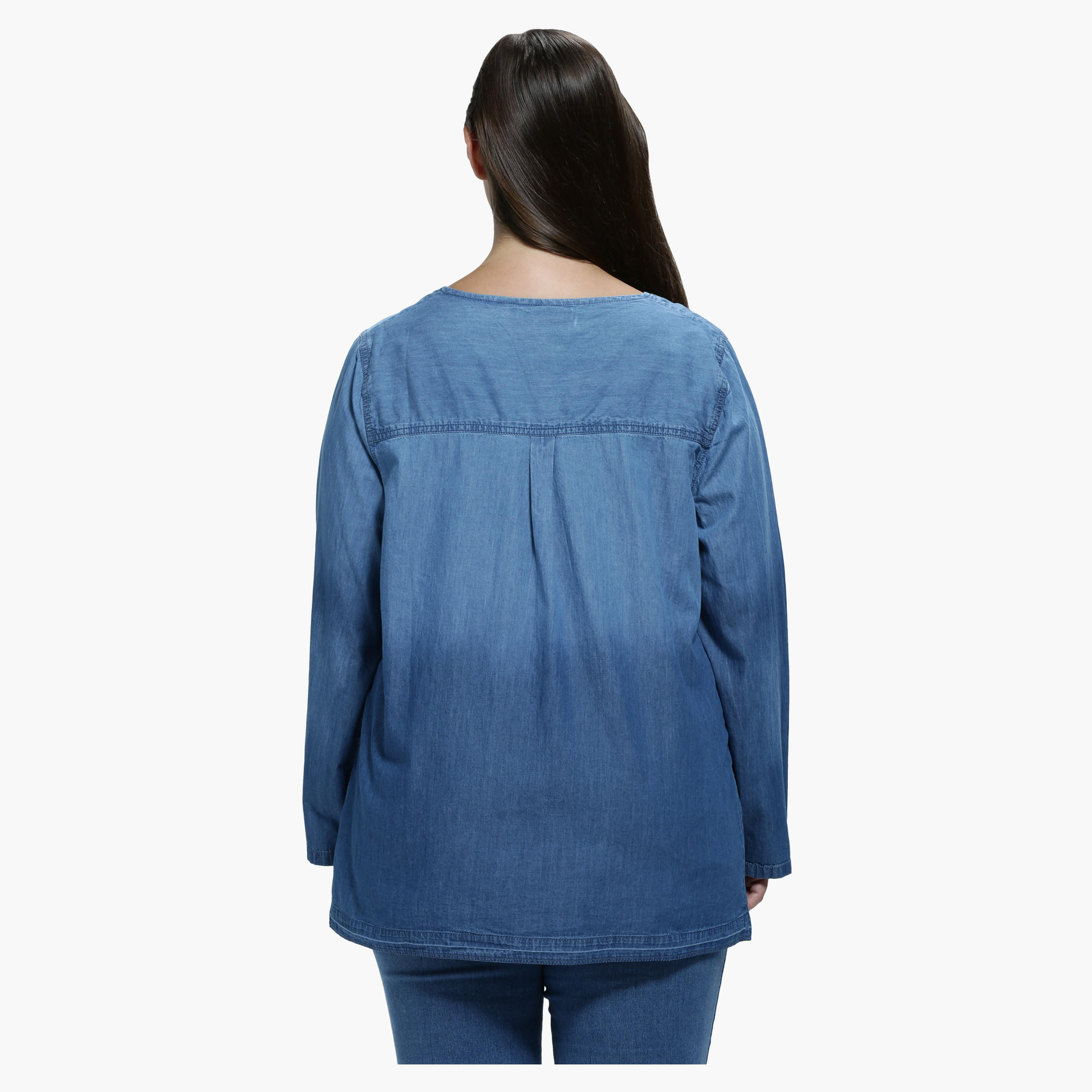 Plus Size Denim Shirt with Round Neck and Long Sleeves-women-clothing-shirtsandblouses-blouses-image-2