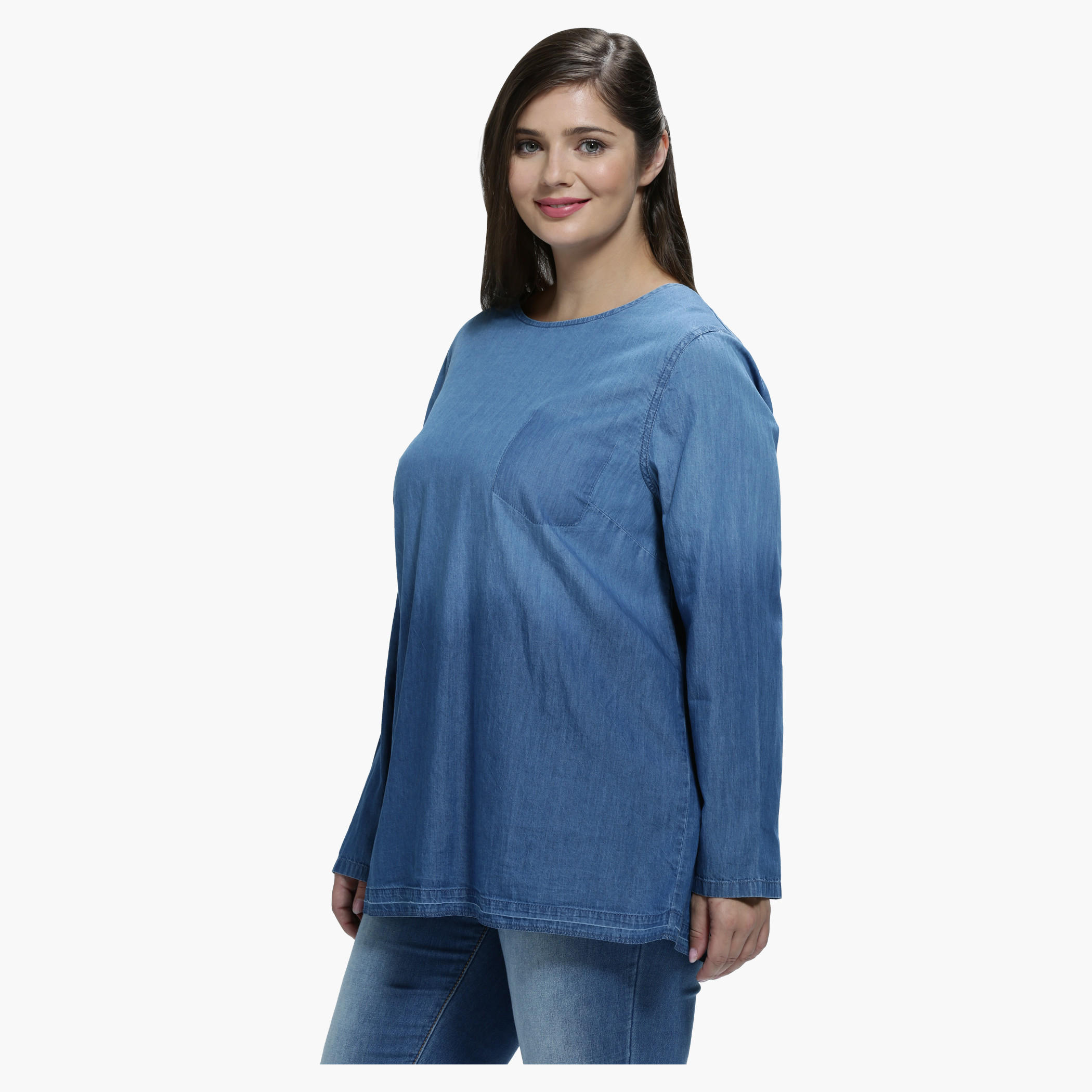 Plus Size Denim Shirt with Round Neck and Long Sleeves-women-clothing-shirtsandblouses-blouses-image-3