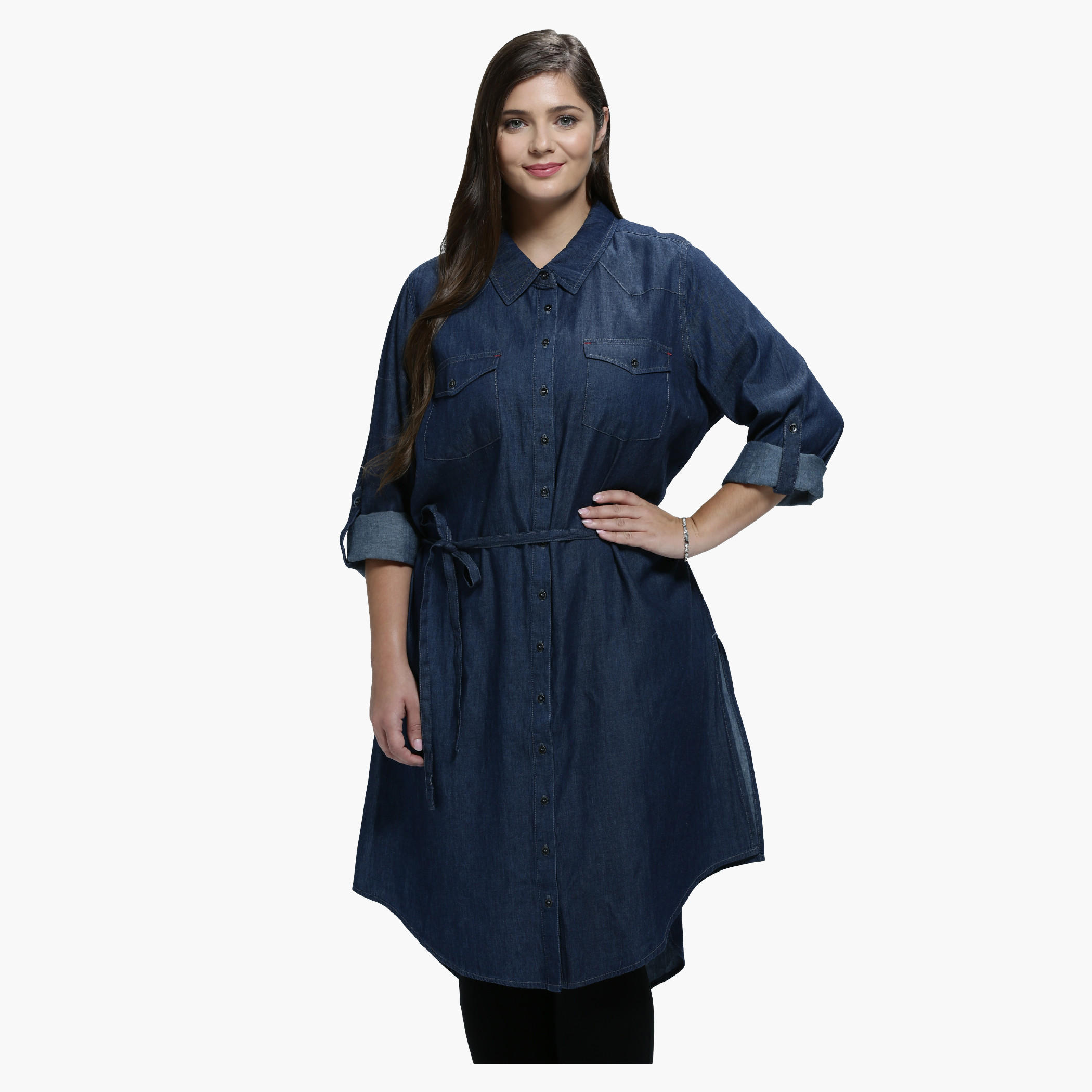 Plus Size Denim Shirt Dress with Spread Collar and Long Sleeves-women-clothing-shirtsandblouses-blouses-image-1