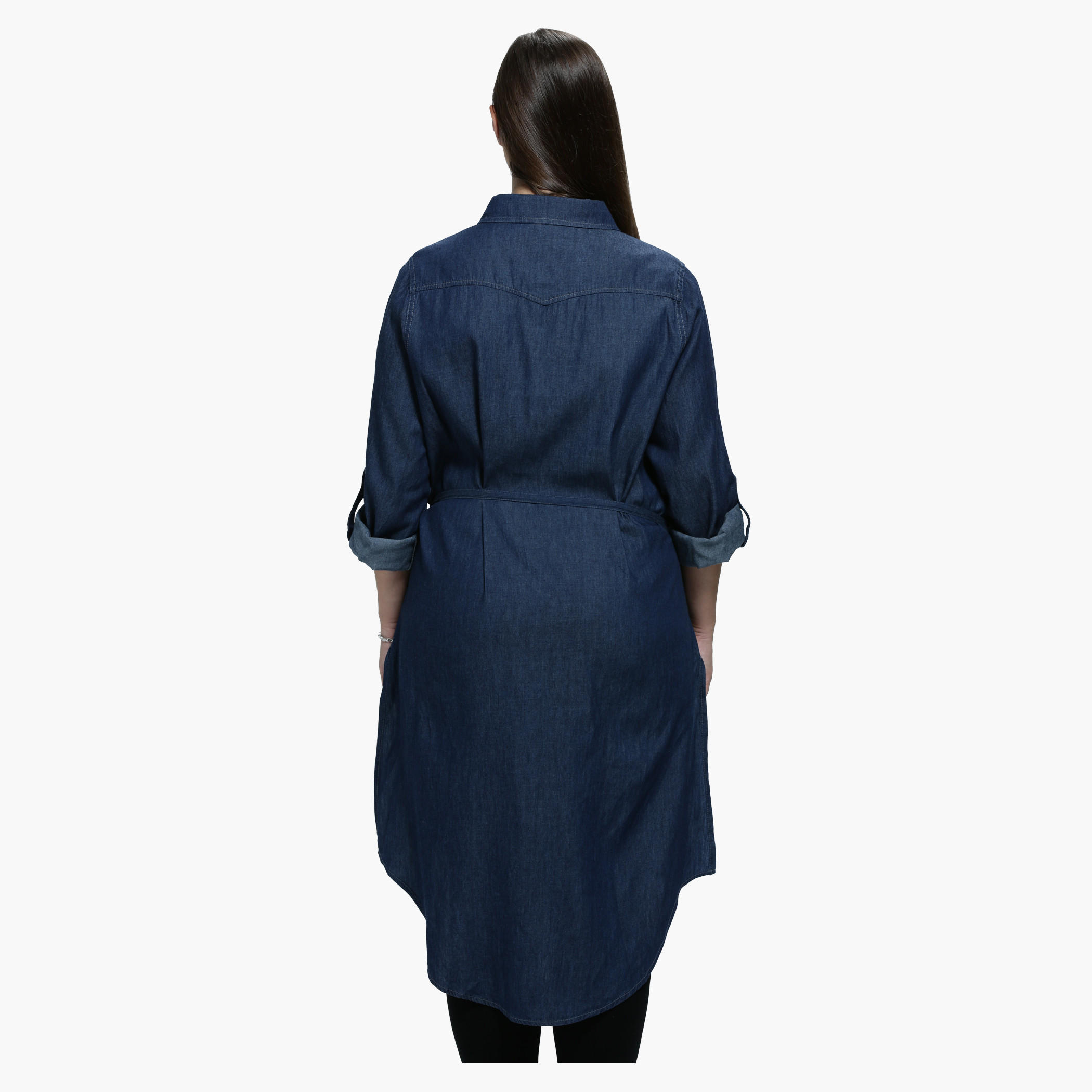 Plus Size Denim Shirt Dress with Spread Collar and Long Sleeves-women-clothing-shirtsandblouses-blouses-image-2