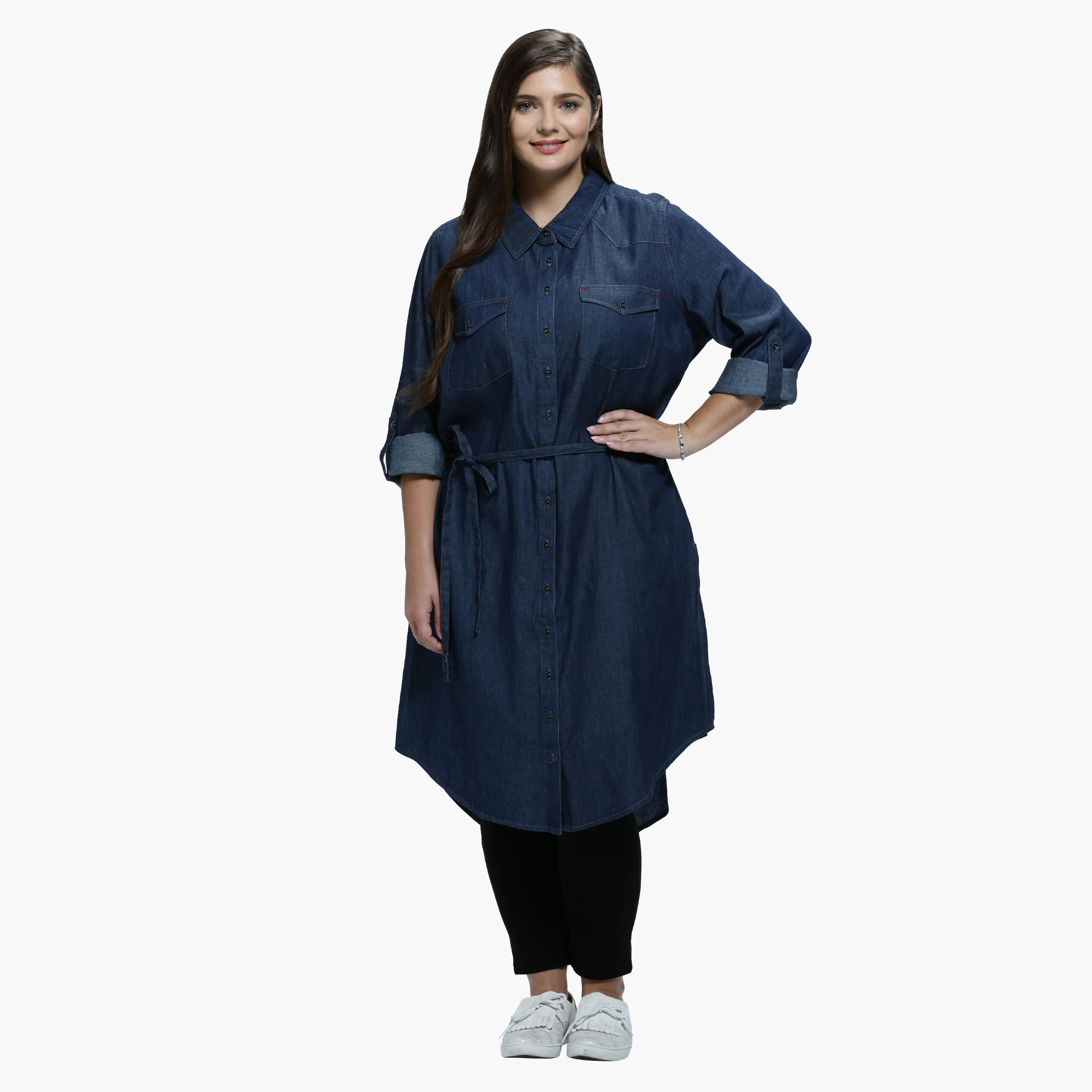 Plus Size Denim Shirt Dress with Spread Collar and Long Sleeves-women-clothing-shirtsandblouses-blouses-image-5