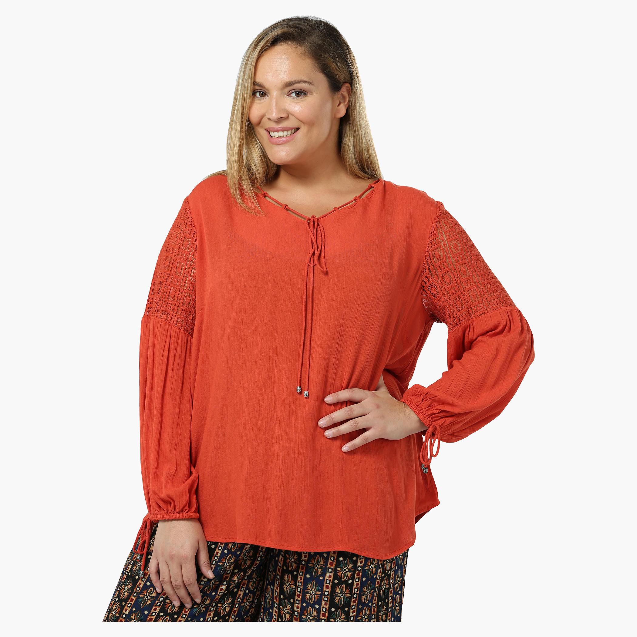 Plus Size Full-sleeved V-neck Tie-up Top-women-clothing-shirtsandblouses-blouses-image-1