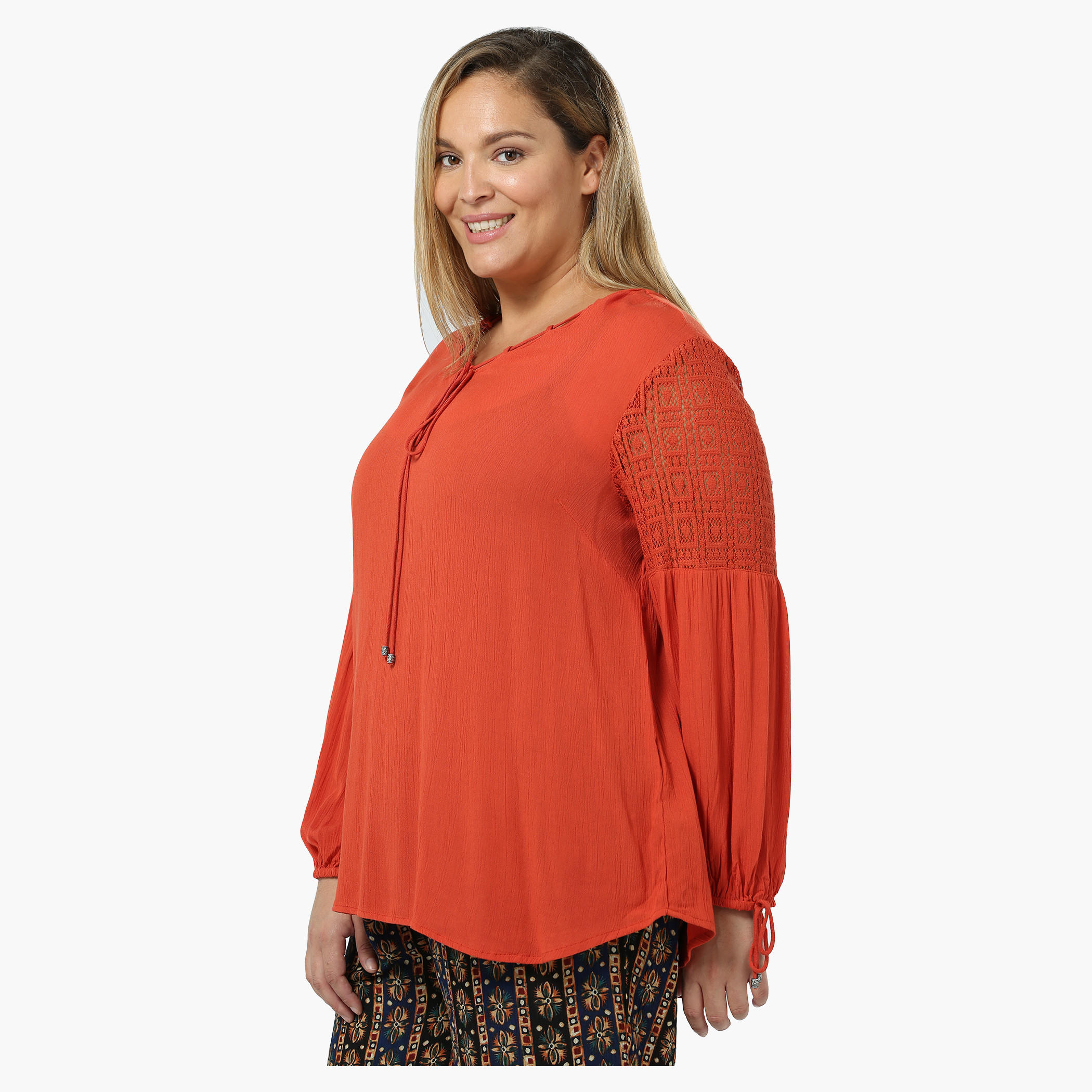 Plus Size Full-sleeved V-neck Tie-up Top-women-clothing-shirtsandblouses-blouses-image-3