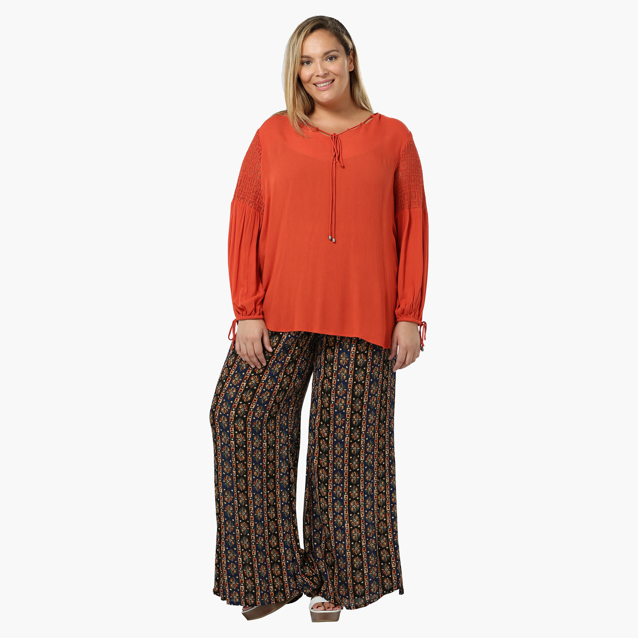 Plus Size Full-sleeved V-neck Tie-up Top-women-clothing-shirtsandblouses-blouses-image-5