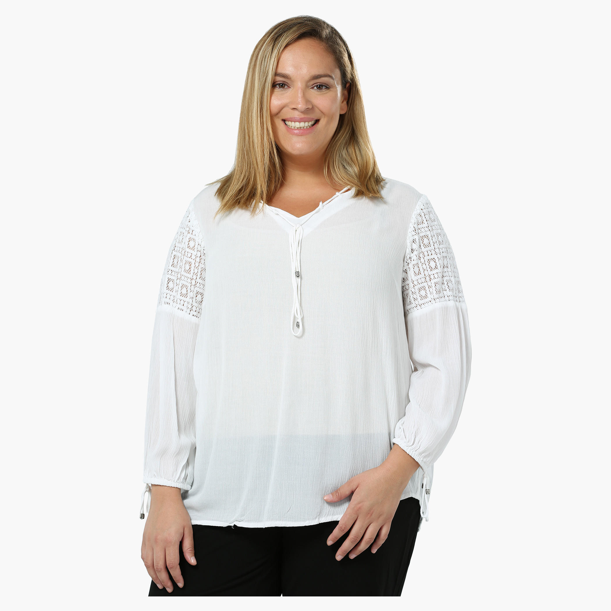 Plus Size Full-sleeved V-neck Tie-up Top-women-clothing-shirtsandblouses-blouses-image-6