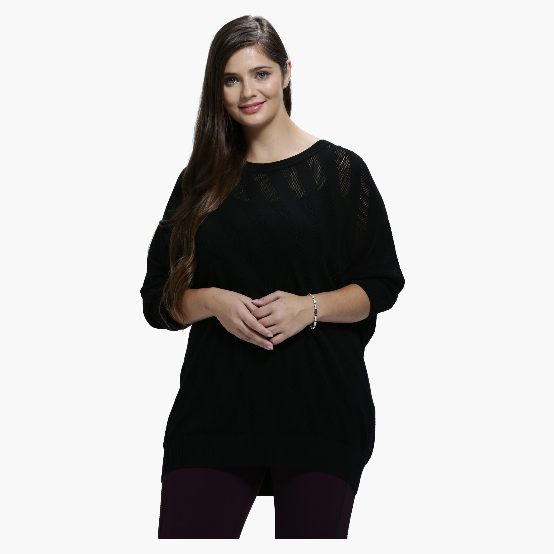 Plus Size Diagonal Jacquard Print Top with Round Neck and 3/4 Sleeves-women-clothing-shirtsandblouses-blouses-image-1