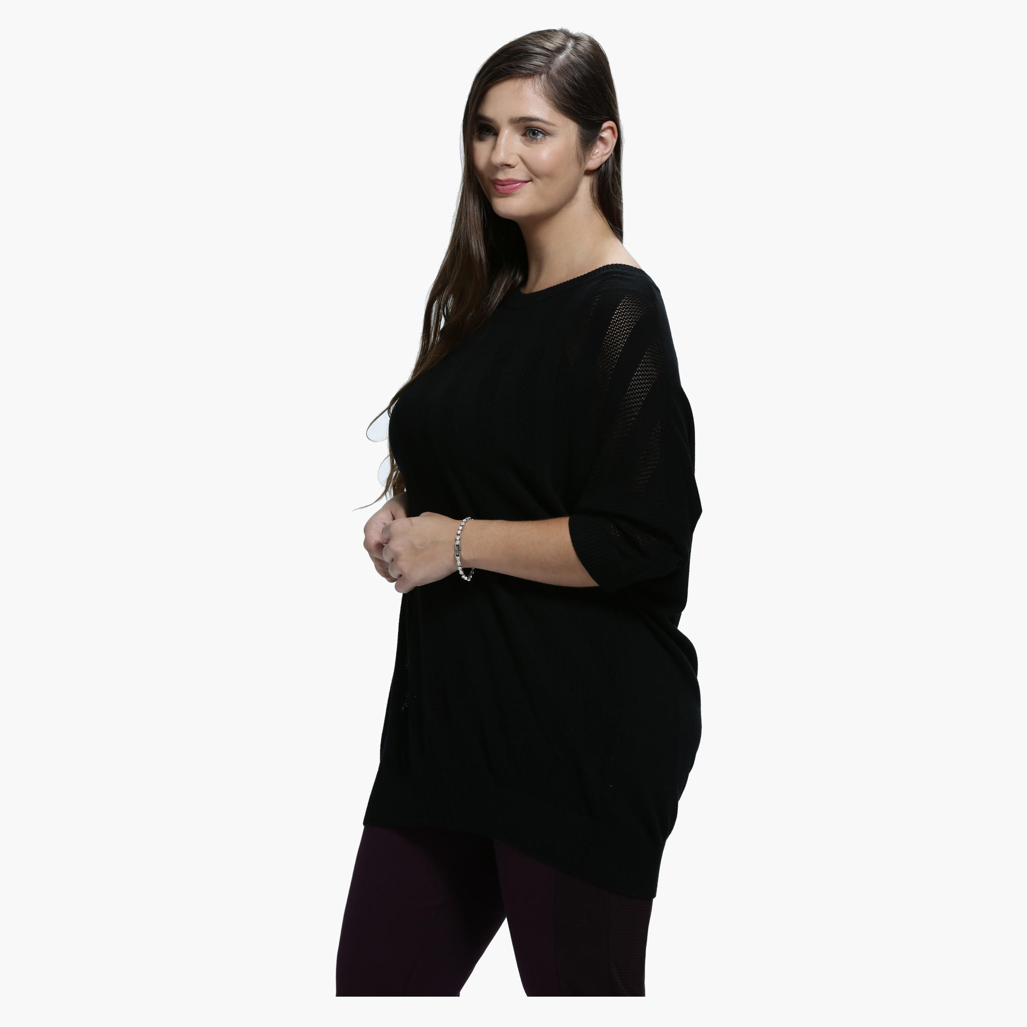 Plus Size Diagonal Jacquard Print Top with Round Neck and 3/4 Sleeves-women-clothing-shirtsandblouses-blouses-image-3