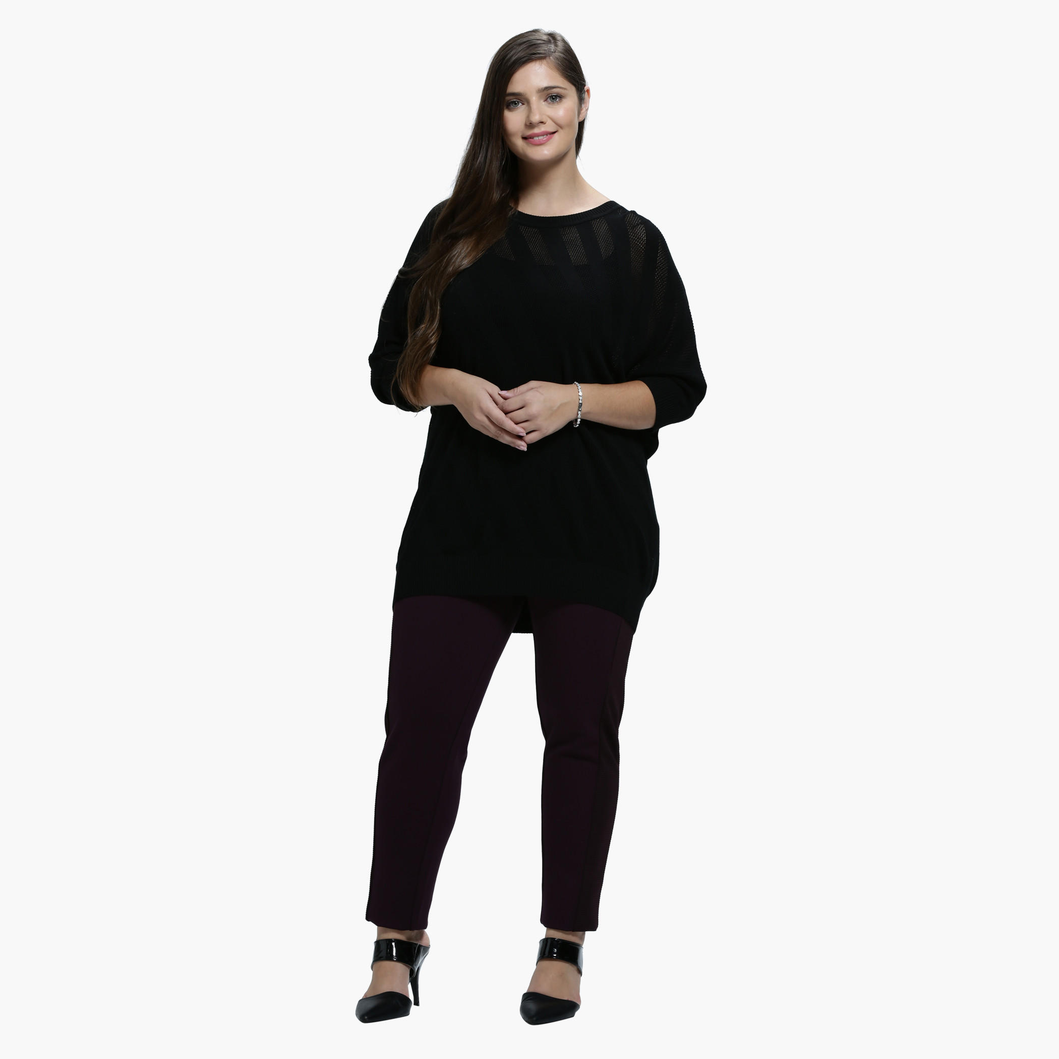 Plus Size Diagonal Jacquard Print Top with Round Neck and 3/4 Sleeves-women-clothing-shirtsandblouses-blouses-image-5