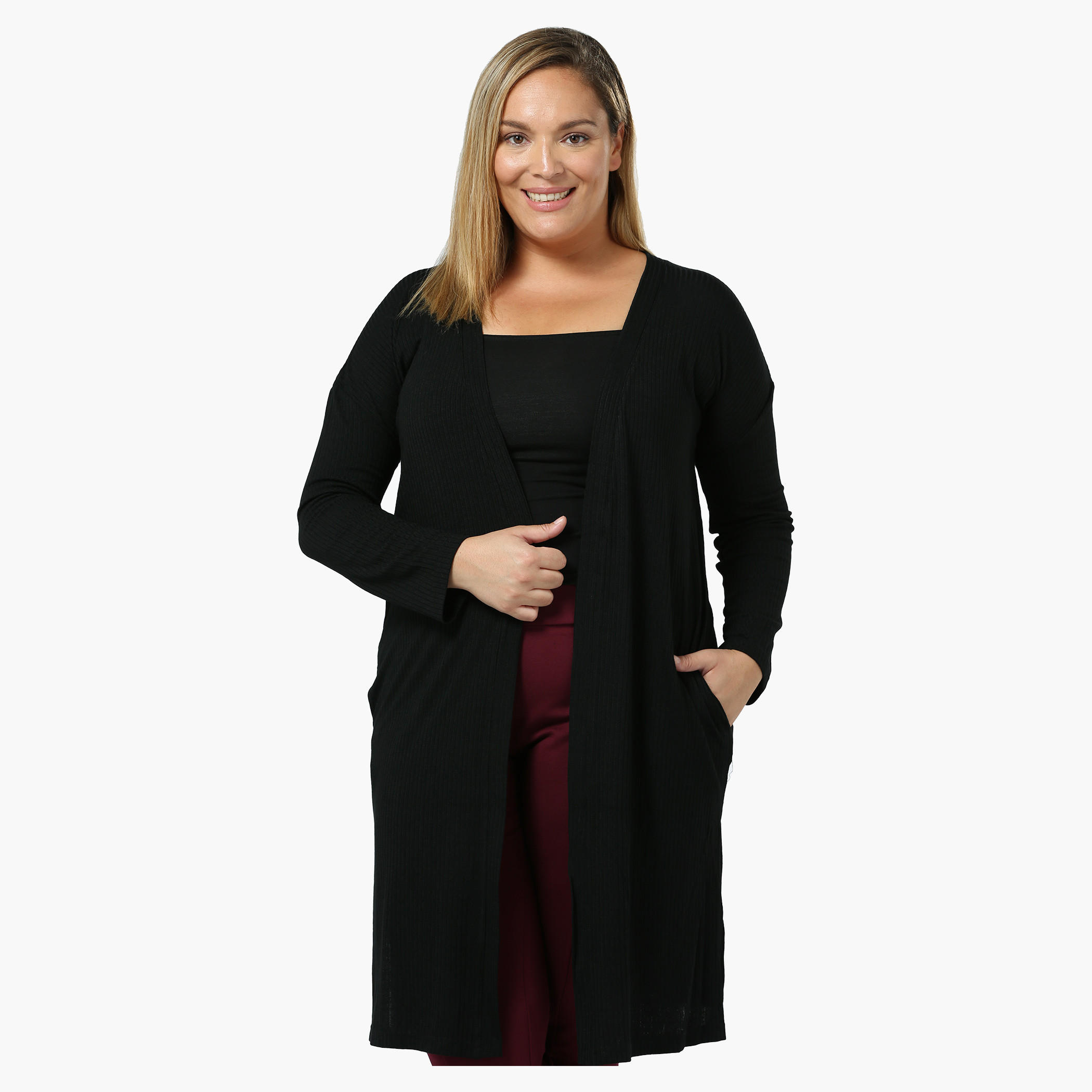 Plus Size Full-sleeved Open Front Long Rib Cardigan-women-winterwear-cardigansandjumpers-cardigans-image-1