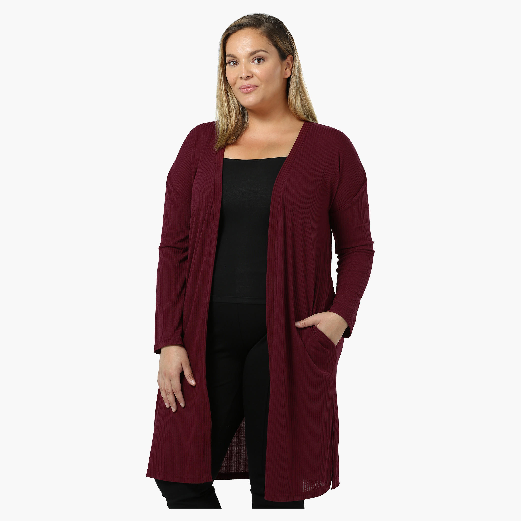 Plus Size Full-sleeved Open Front Long Rib Cardigan-women-winterwear-cardigansandjumpers-cardigans-image-6