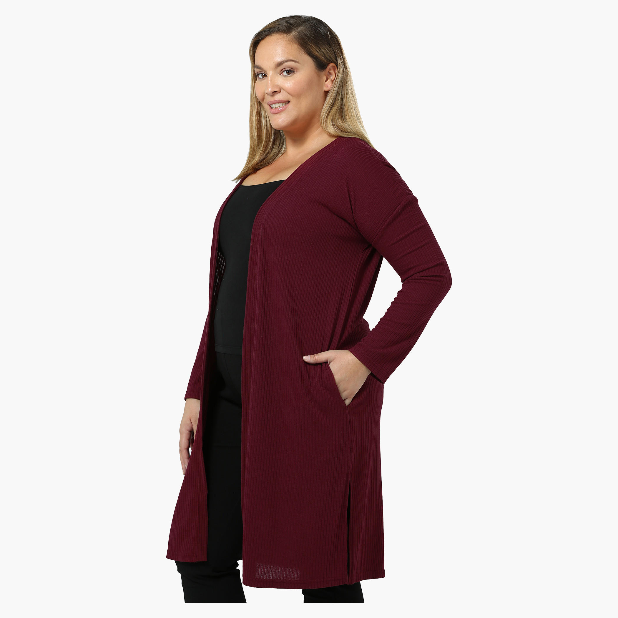 Plus Size Full-sleeved Open Front Long Rib Cardigan-women-winterwear-cardigansandjumpers-cardigans-image-8