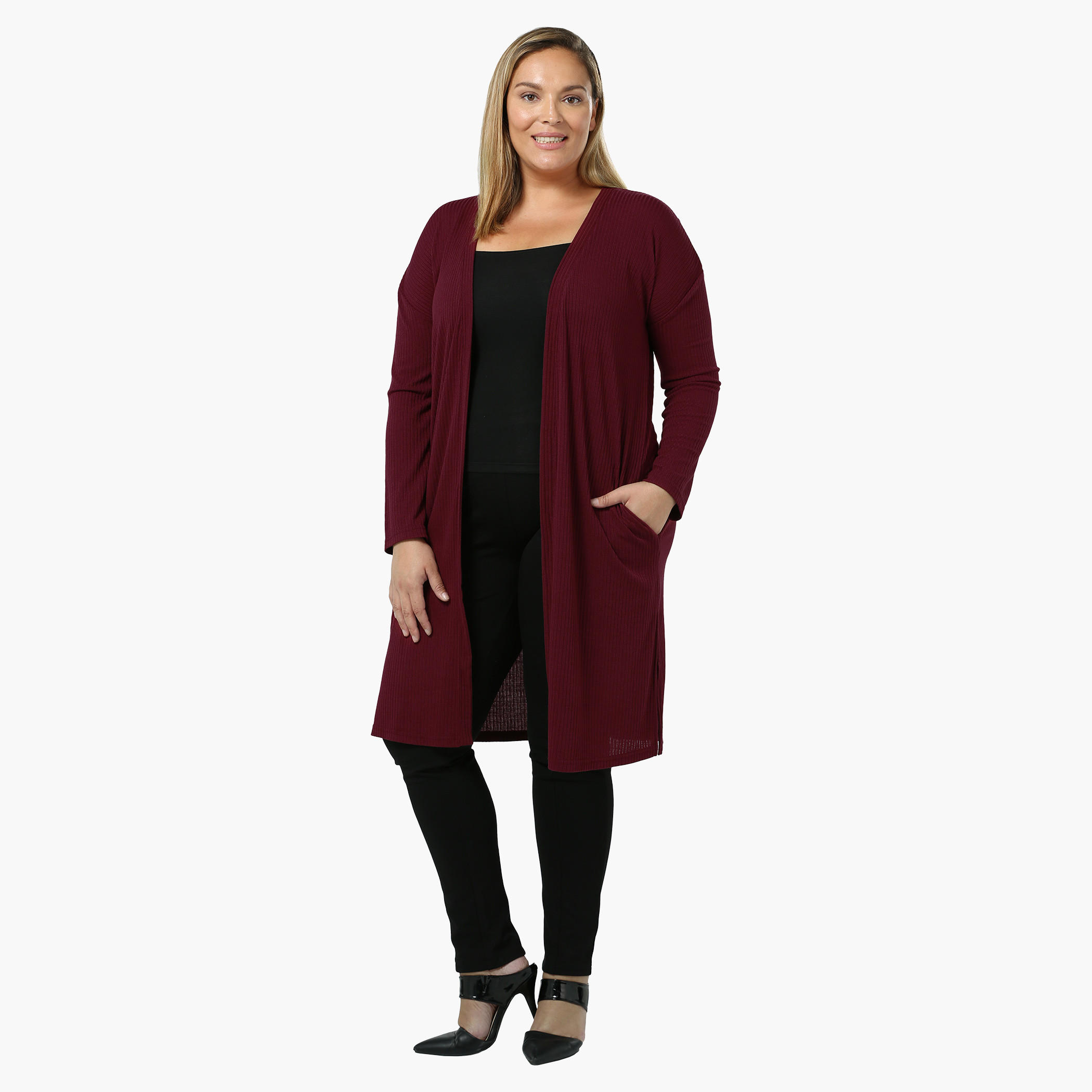 Plus Size Full-sleeved Open Front Long Rib Cardigan-women-winterwear-cardigansandjumpers-cardigans-image-10