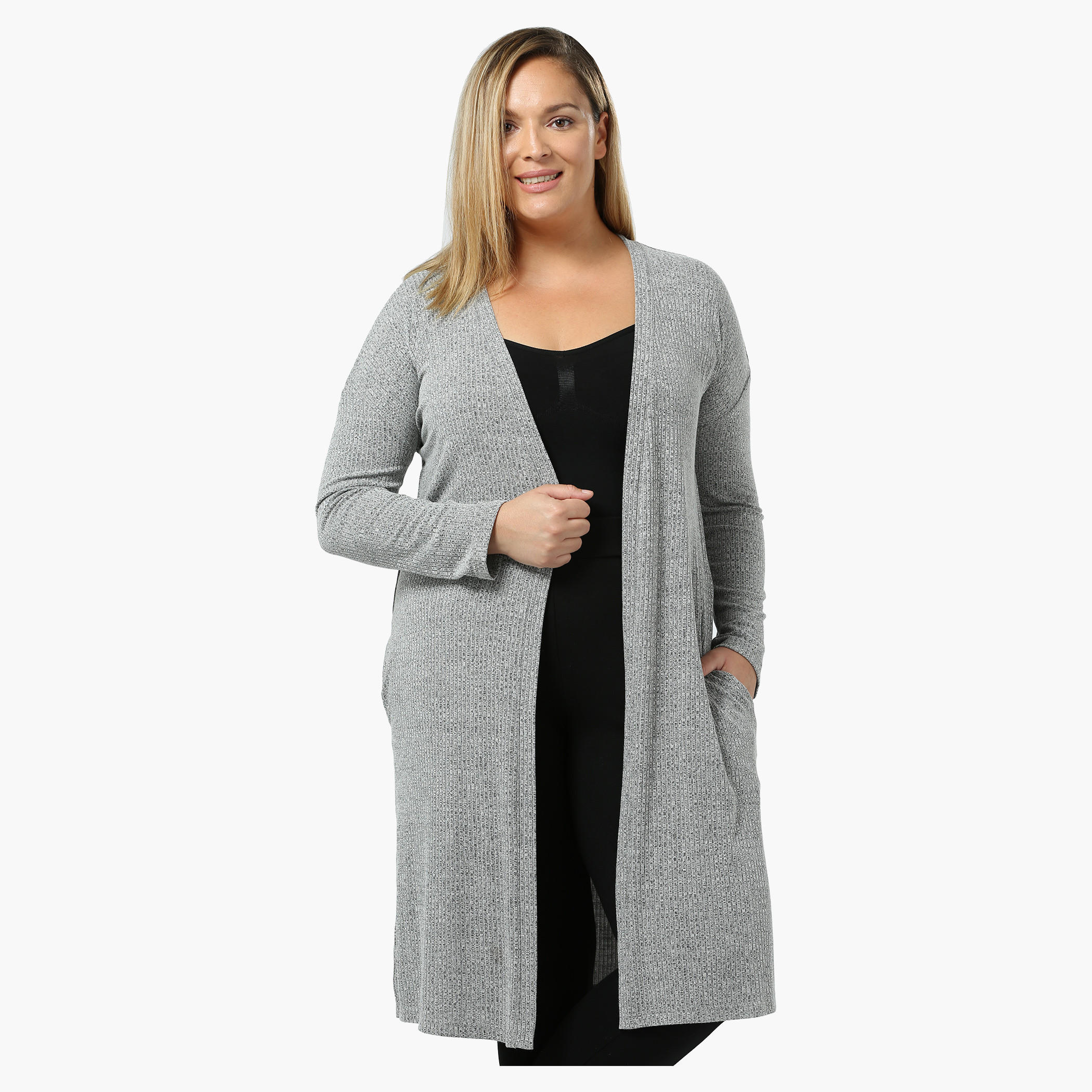 Plus Size Full-sleeved Rib Long Cardigan-women-winterwear-cardigansandjumpers-cardigans-image-1
