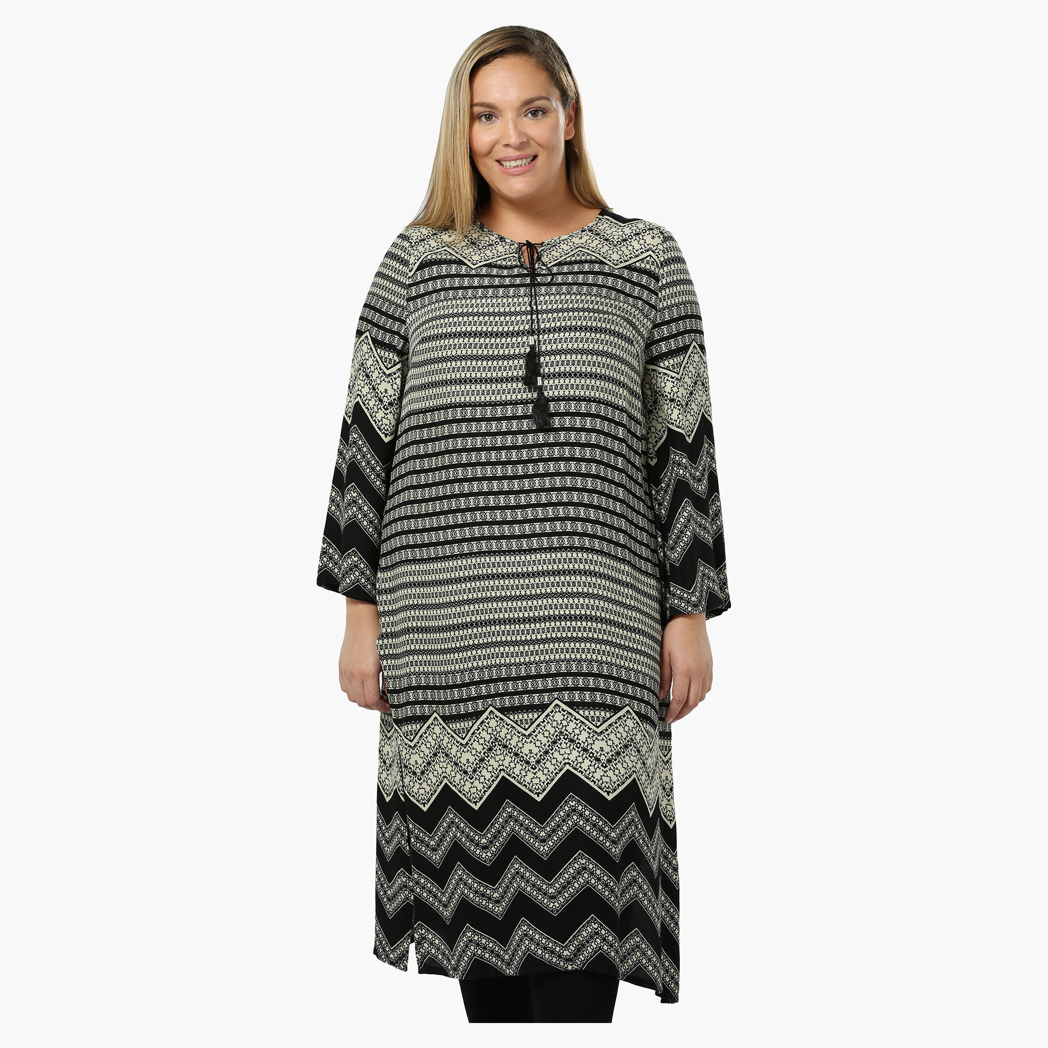 Plus Size Printed Full-sleeved Tunic with Tie-up Neck-women-clothing-shirtsandblouses-blouses-image-1