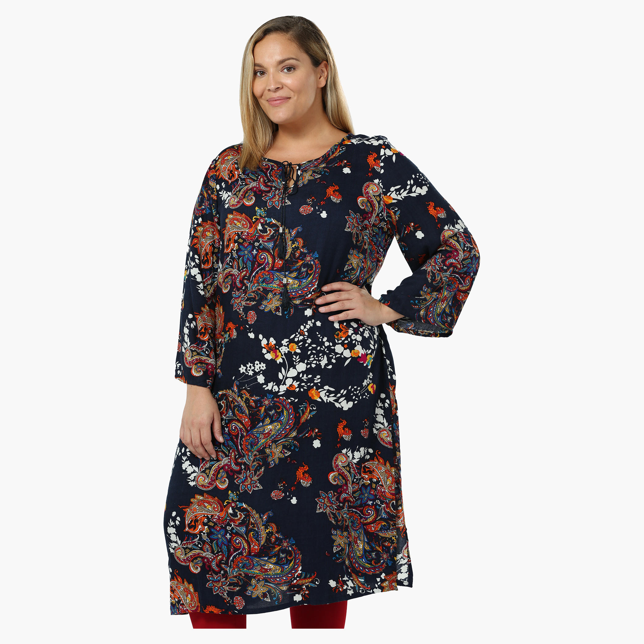 Plus Size Printed Full-sleeved Tunic with Tie-up Neck-women-clothing-shirtsandblouses-blouses-image-1