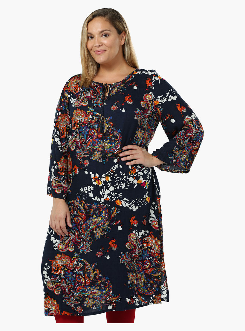 Plus Size Printed Full-sleeved Tunic with Tie-up Neck-women-clothing-shirtsandblouses-blouses-image-1