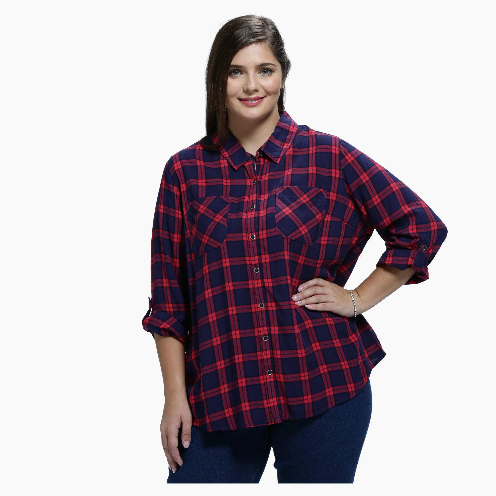 Plus Size Chequered Shirt with Spread Collar and Long Sleeves-women-clothing-shirtsandblouses-blouses-image-1