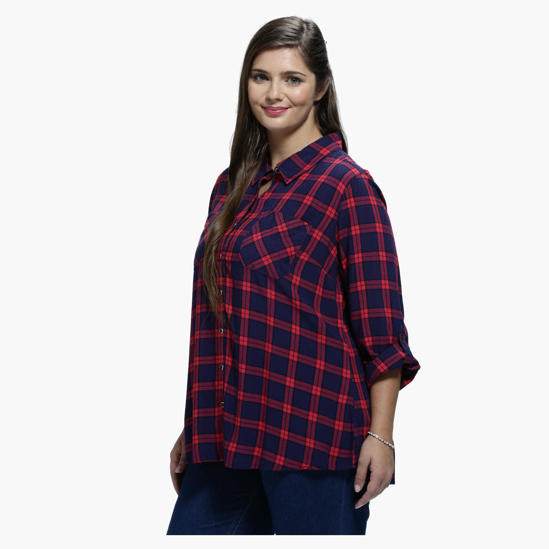 Plus Size Chequered Shirt with Spread Collar and Long Sleeves-women-clothing-shirtsandblouses-blouses-image-3