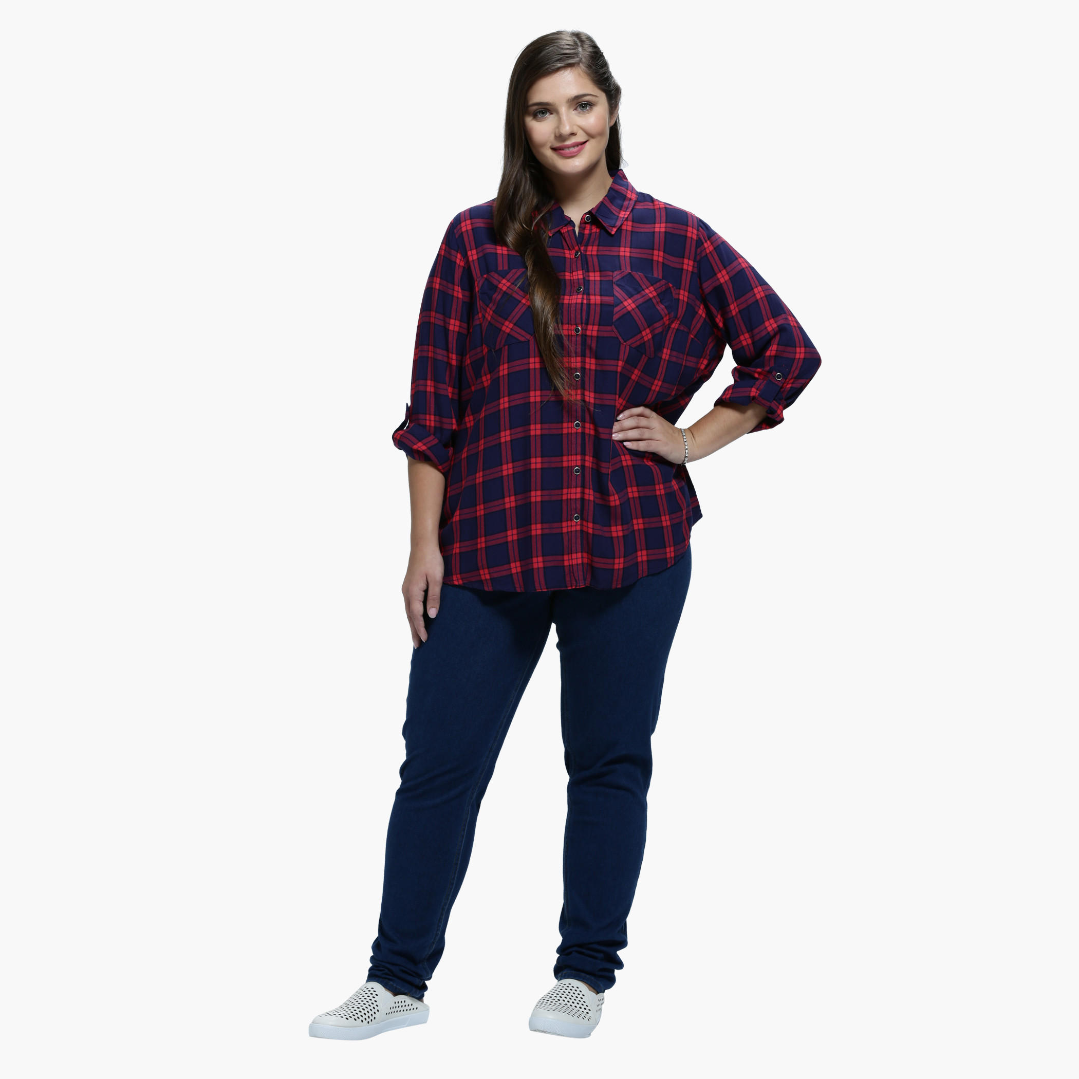 Plus Size Chequered Shirt with Spread Collar and Long Sleeves-women-clothing-shirtsandblouses-blouses-image-5