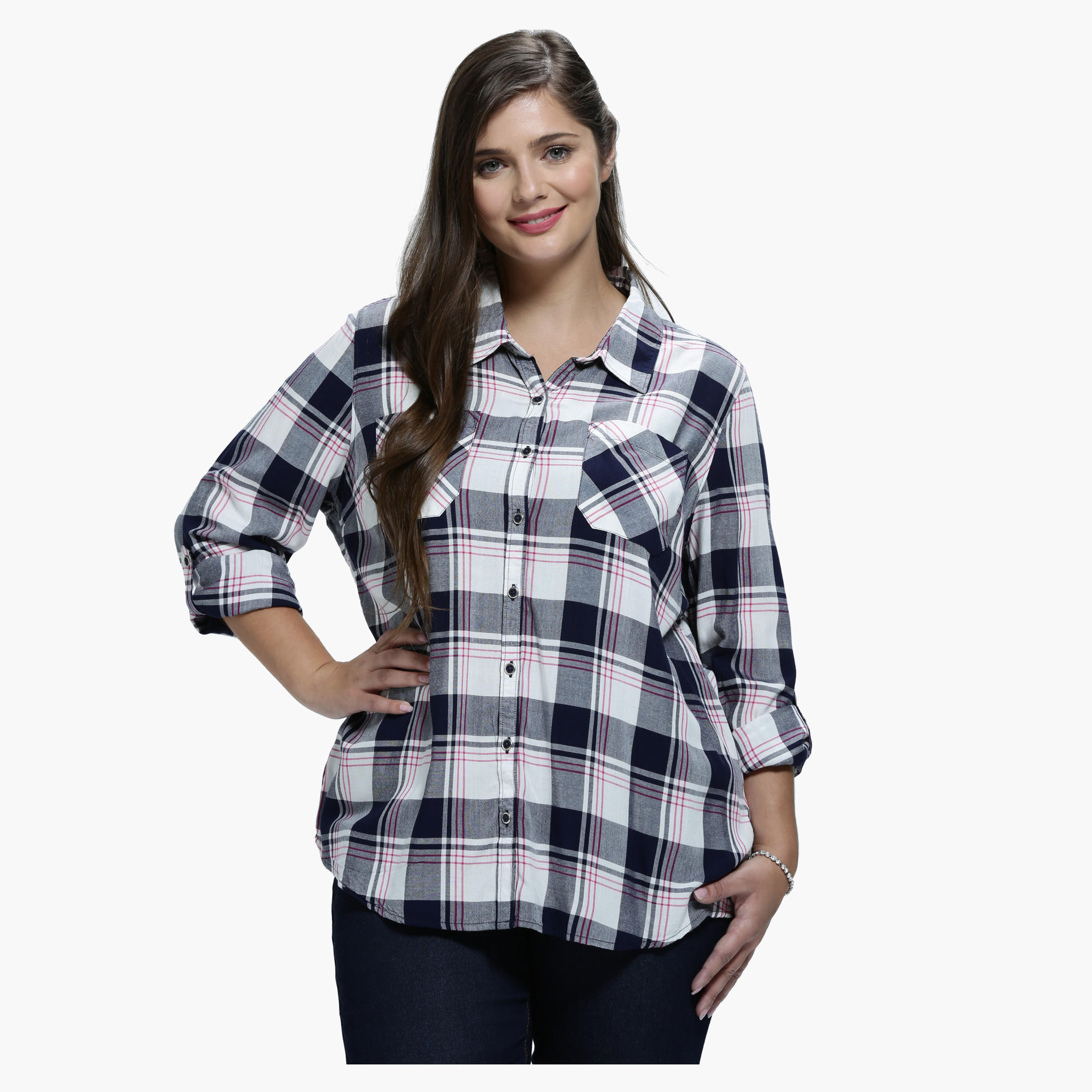 Plus Size Chequered Shirt with Spread Collar and Long Sleeves-women-clothing-shirtsandblouses-blouses-image-1