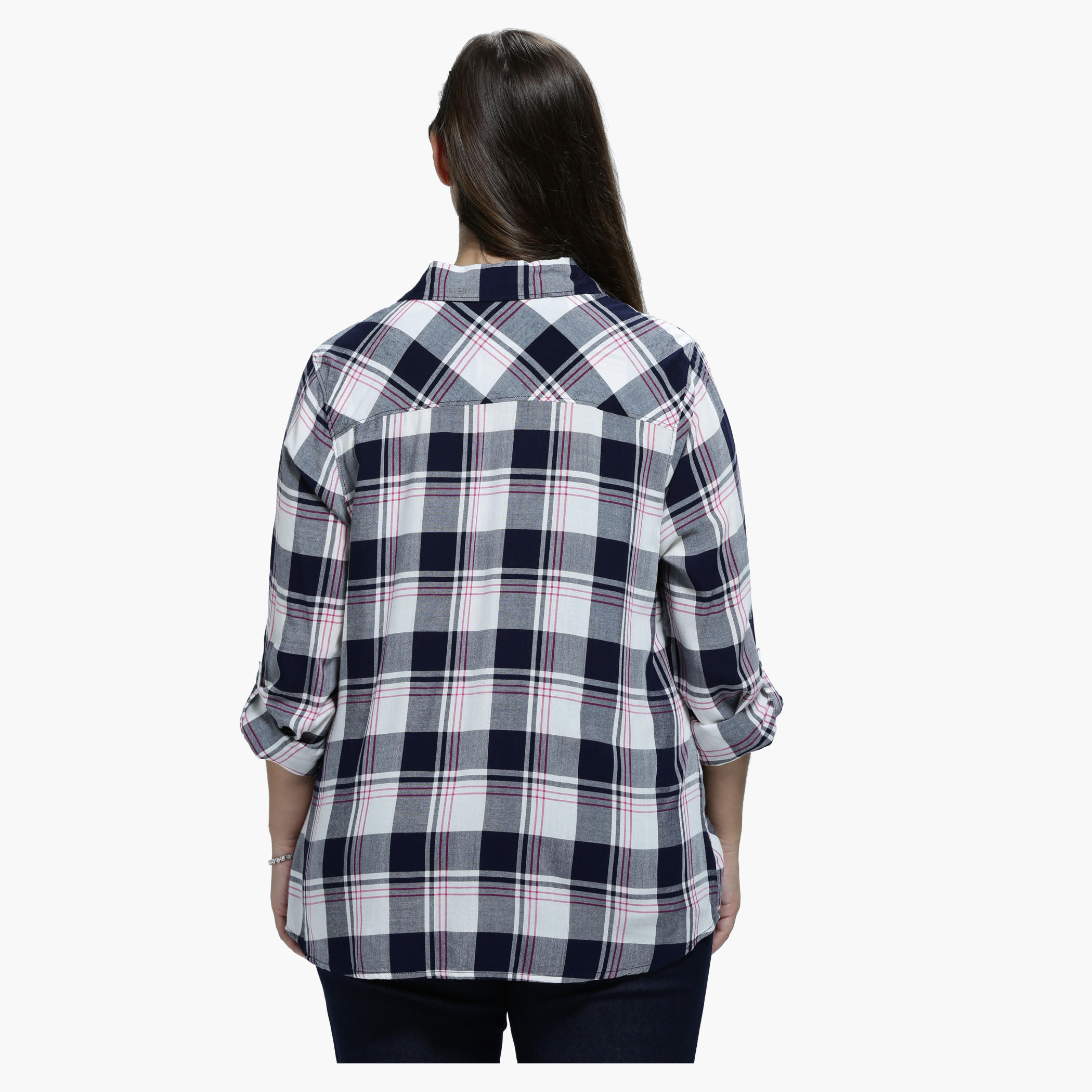 Plus Size Chequered Shirt with Spread Collar and Long Sleeves-women-clothing-shirtsandblouses-blouses-image-2