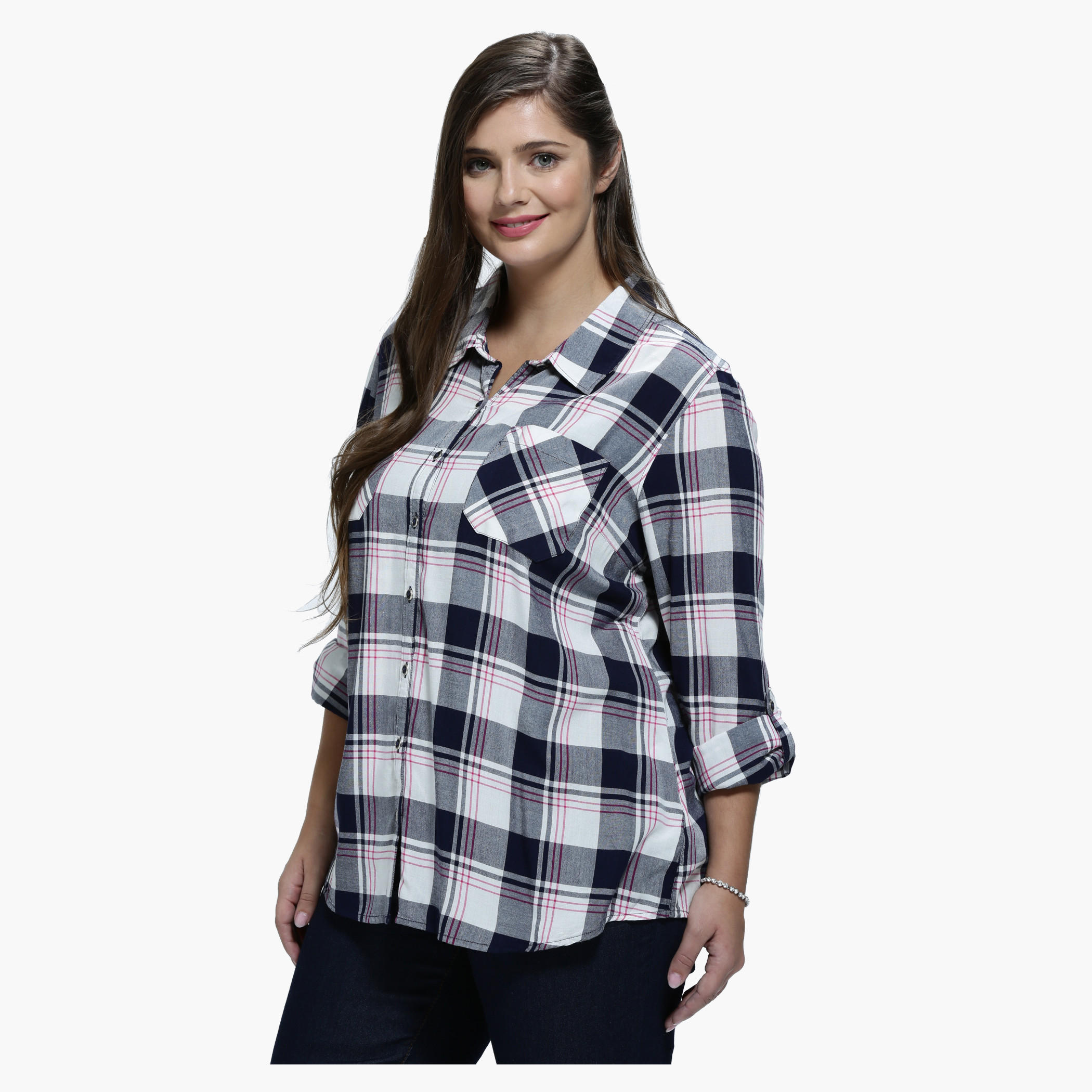 Plus Size Chequered Shirt with Spread Collar and Long Sleeves-women-clothing-shirtsandblouses-blouses-image-3