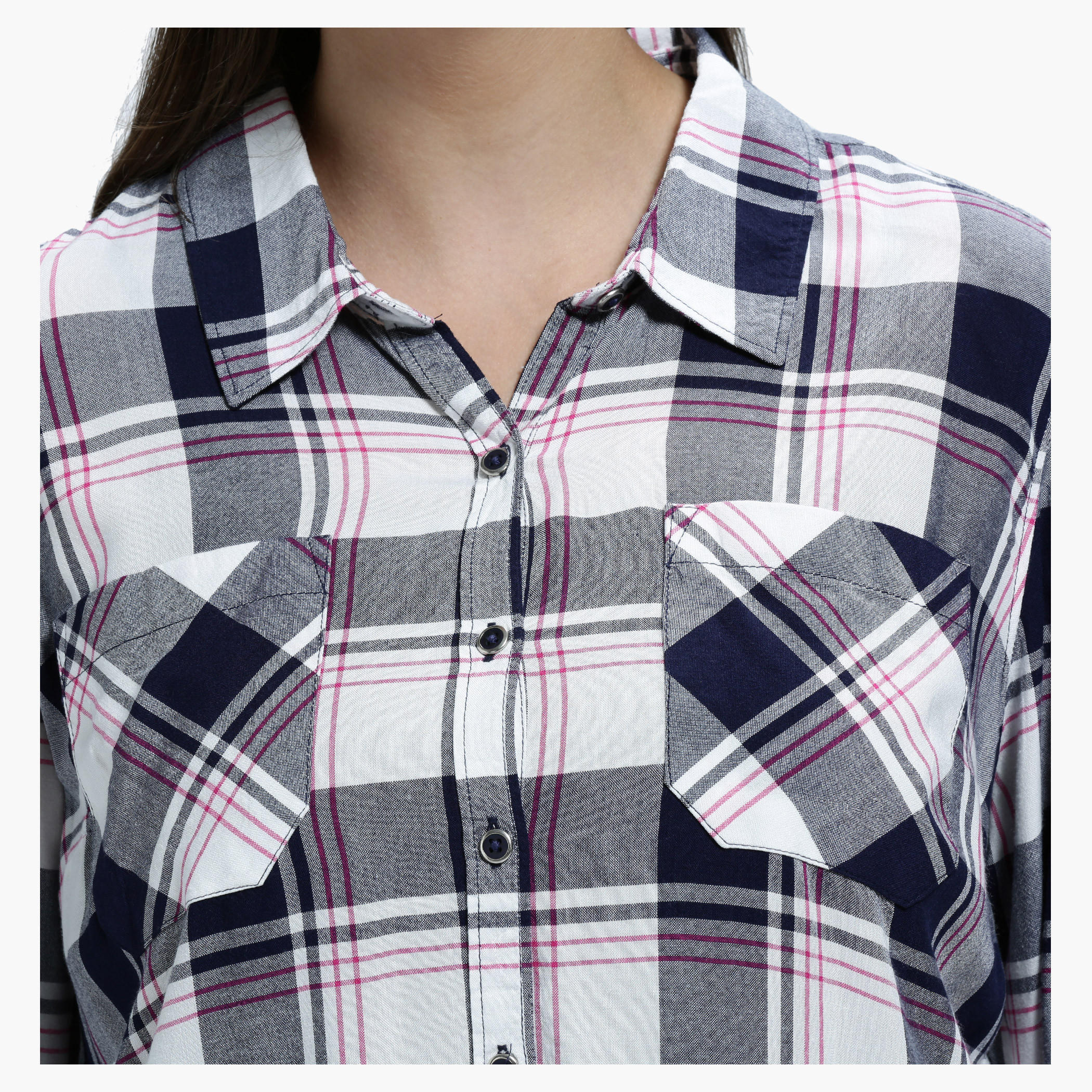 Plus Size Chequered Shirt with Spread Collar and Long Sleeves-women-clothing-shirtsandblouses-blouses-image-4
