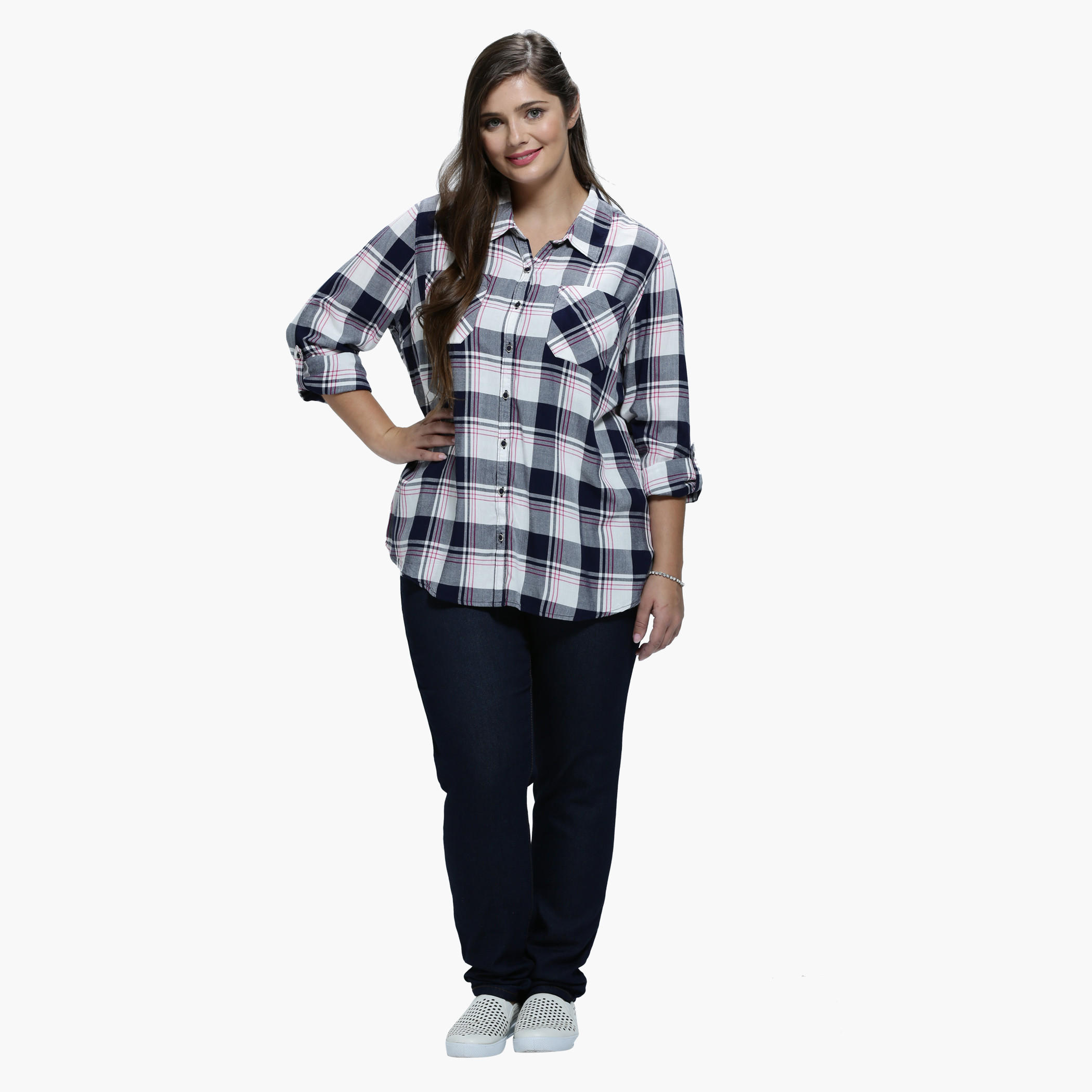 Plus Size Chequered Shirt with Spread Collar and Long Sleeves-women-clothing-shirtsandblouses-blouses-image-5