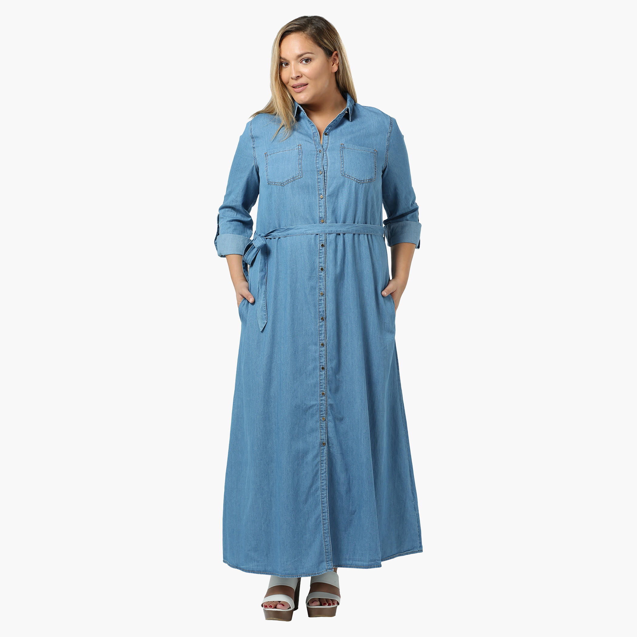 Plus Size Denim Maxi Dress with Tie-up at the Waist-women-clothing-dresses-image-1