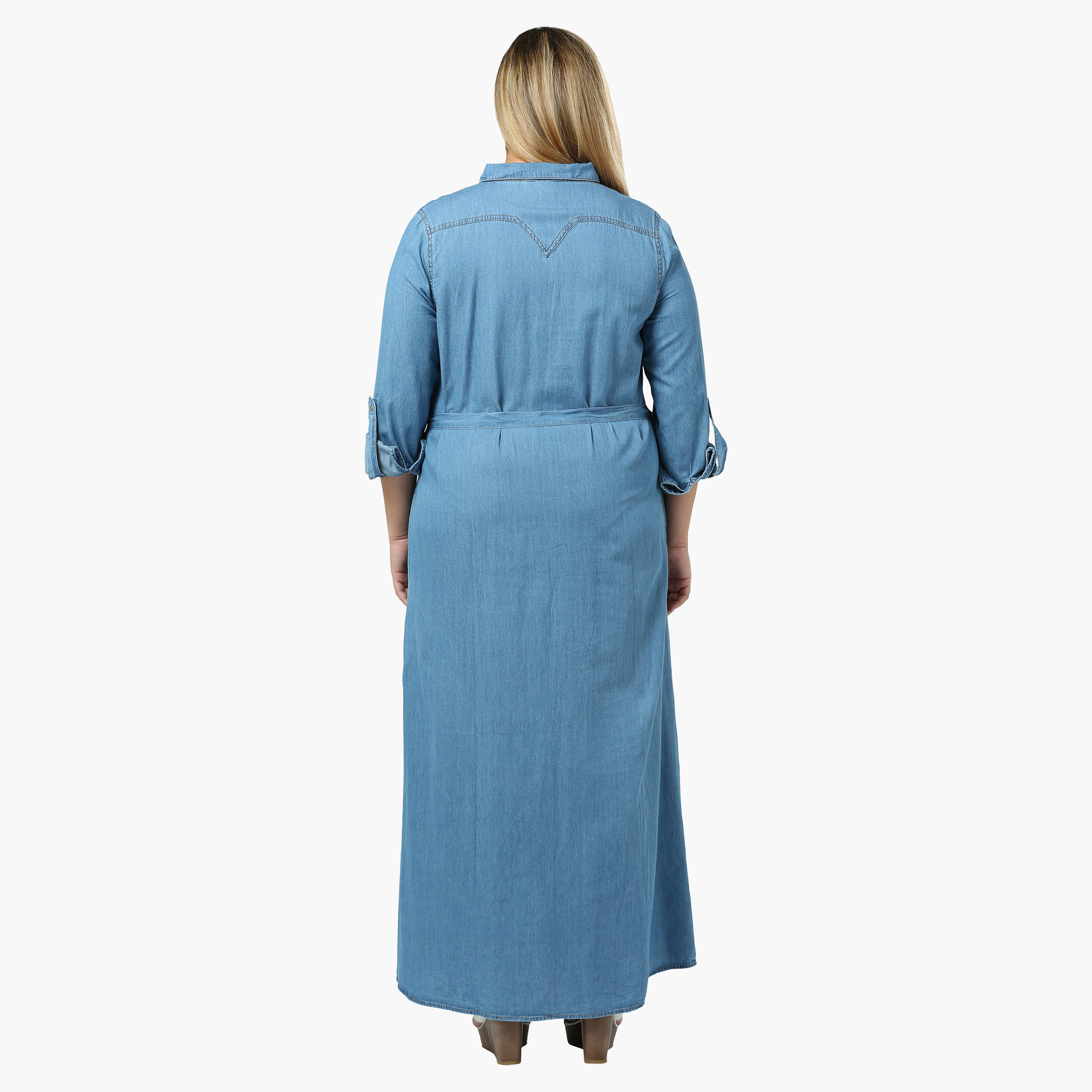 Plus Size Denim Maxi Dress with Tie-up at the Waist-women-clothing-dresses-image-2