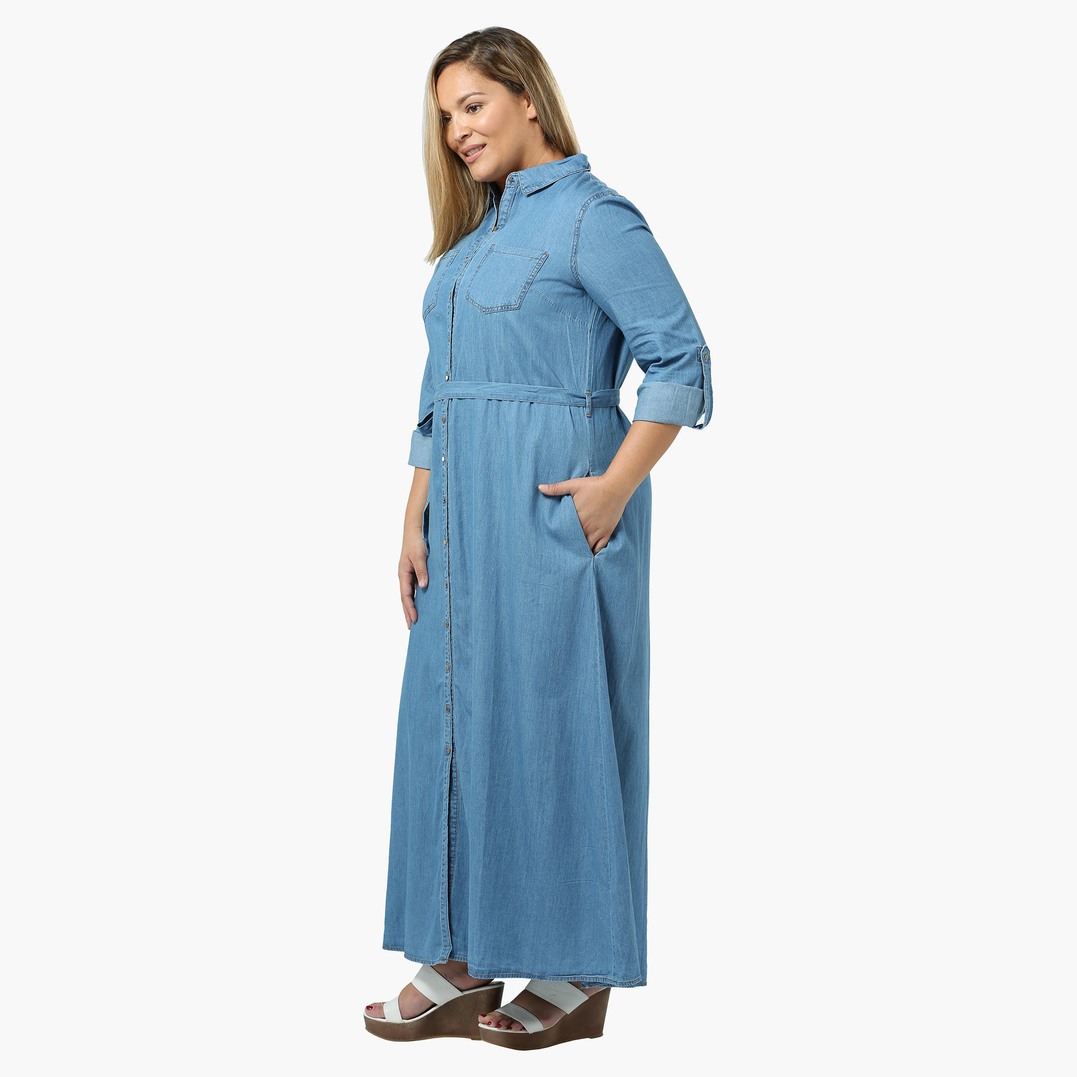 Plus Size Denim Maxi Dress with Tie-up at the Waist-women-clothing-dresses-image-3