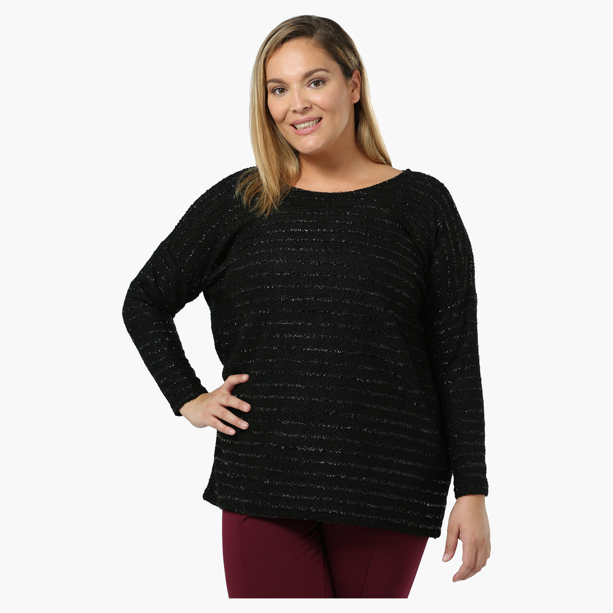 Plus Size Full-sleeved Lurex Striped Sweater-women-winterwear-cardigansandjumpers-cardigans-image-1