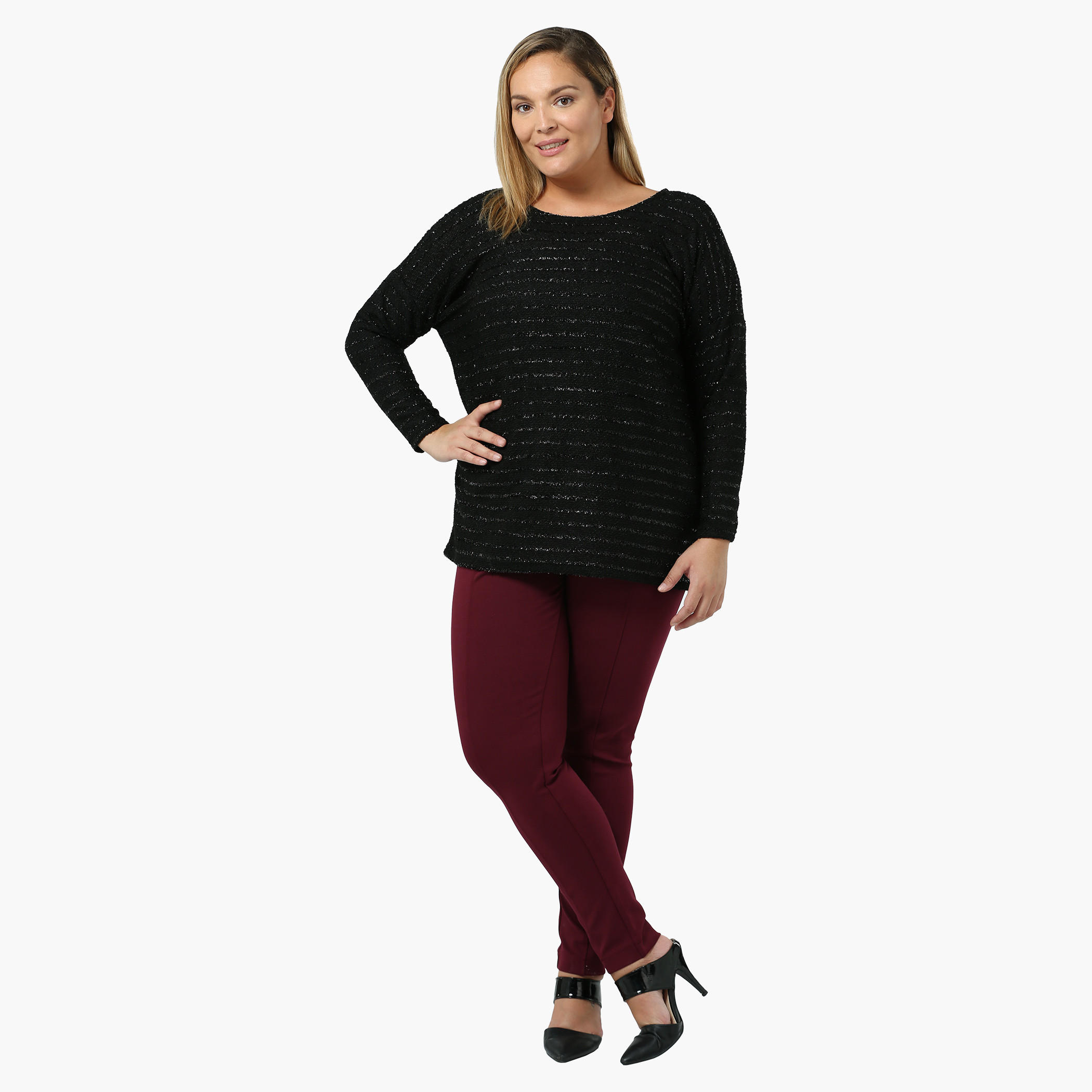Plus Size Full-sleeved Lurex Striped Sweater-women-winterwear-cardigansandjumpers-cardigans-image-5