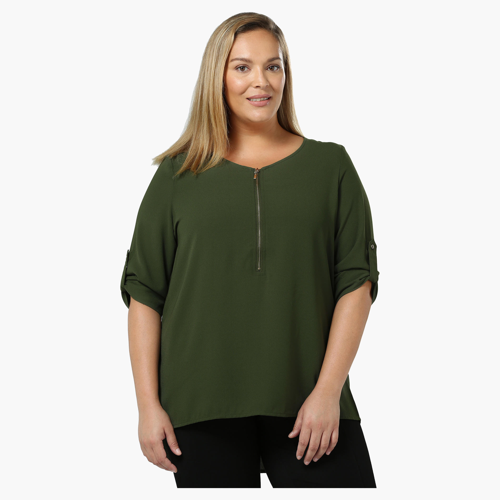 Plus Size Round-neck Zippered Yoke Top-women-clothing-shirtsandblouses-blouses-image-1