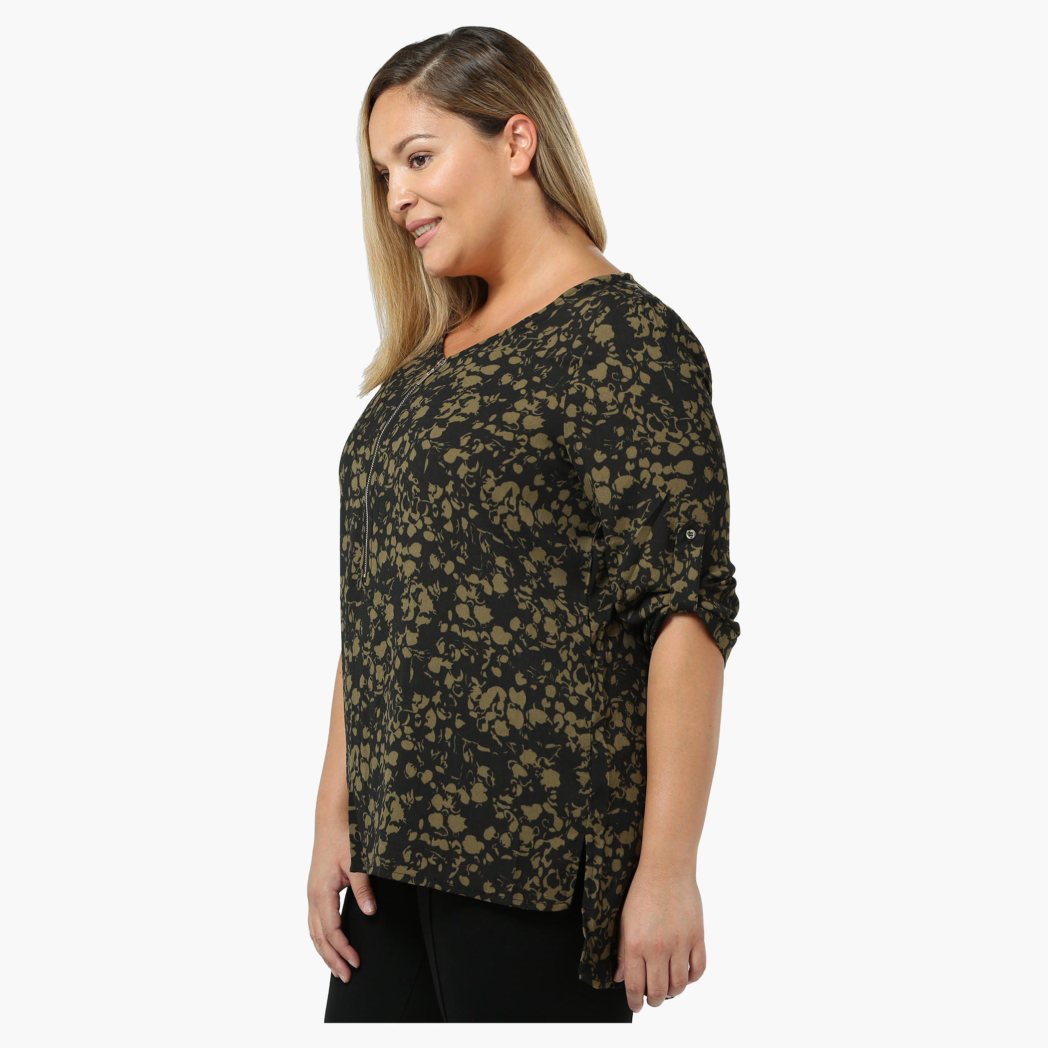 Plus Size Printed V-neck Zippered Yoke Top-women-clothing-shirtsandblouses-blouses-image-1