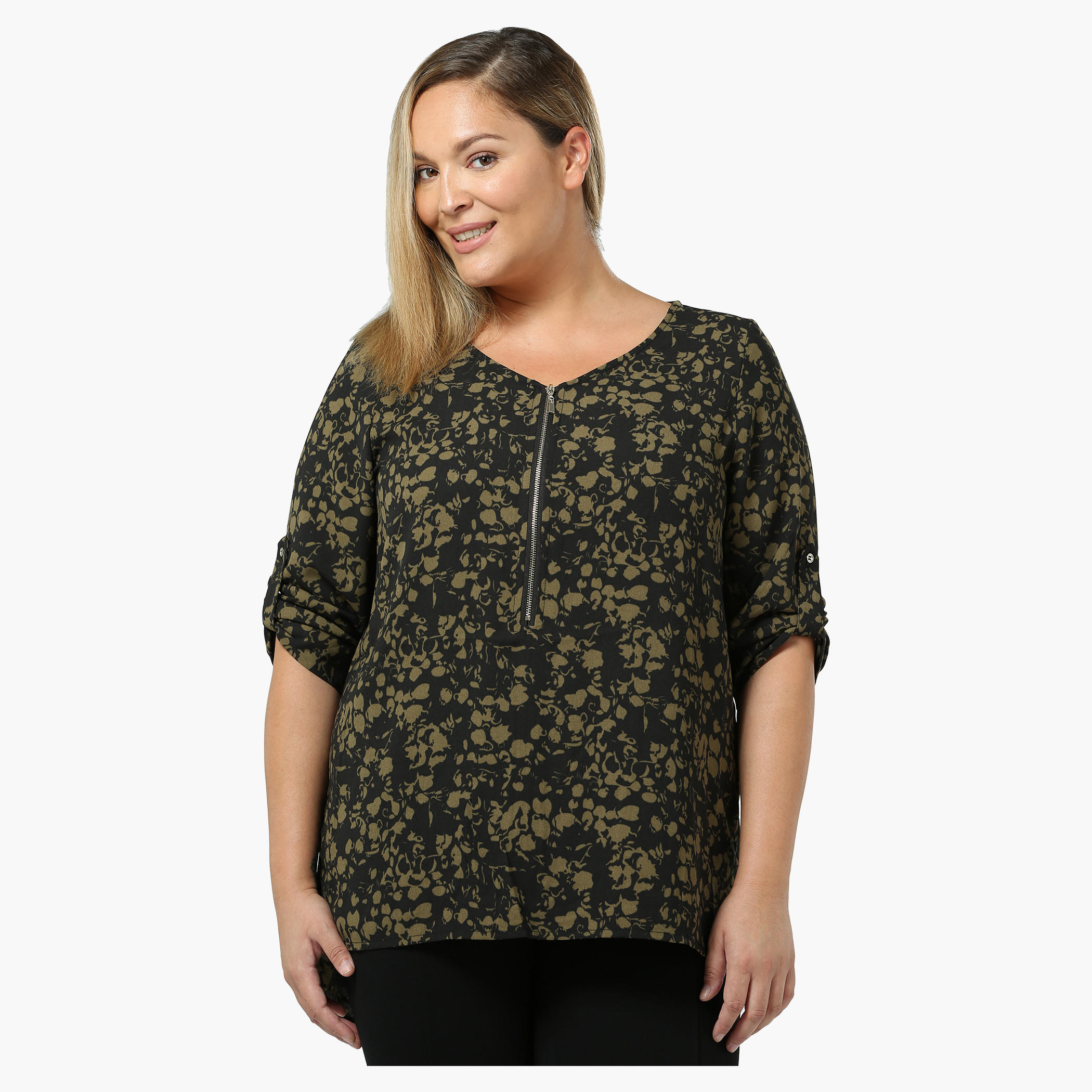 Plus Size Printed V-neck Zippered Yoke Top-women-clothing-shirtsandblouses-blouses-image-2