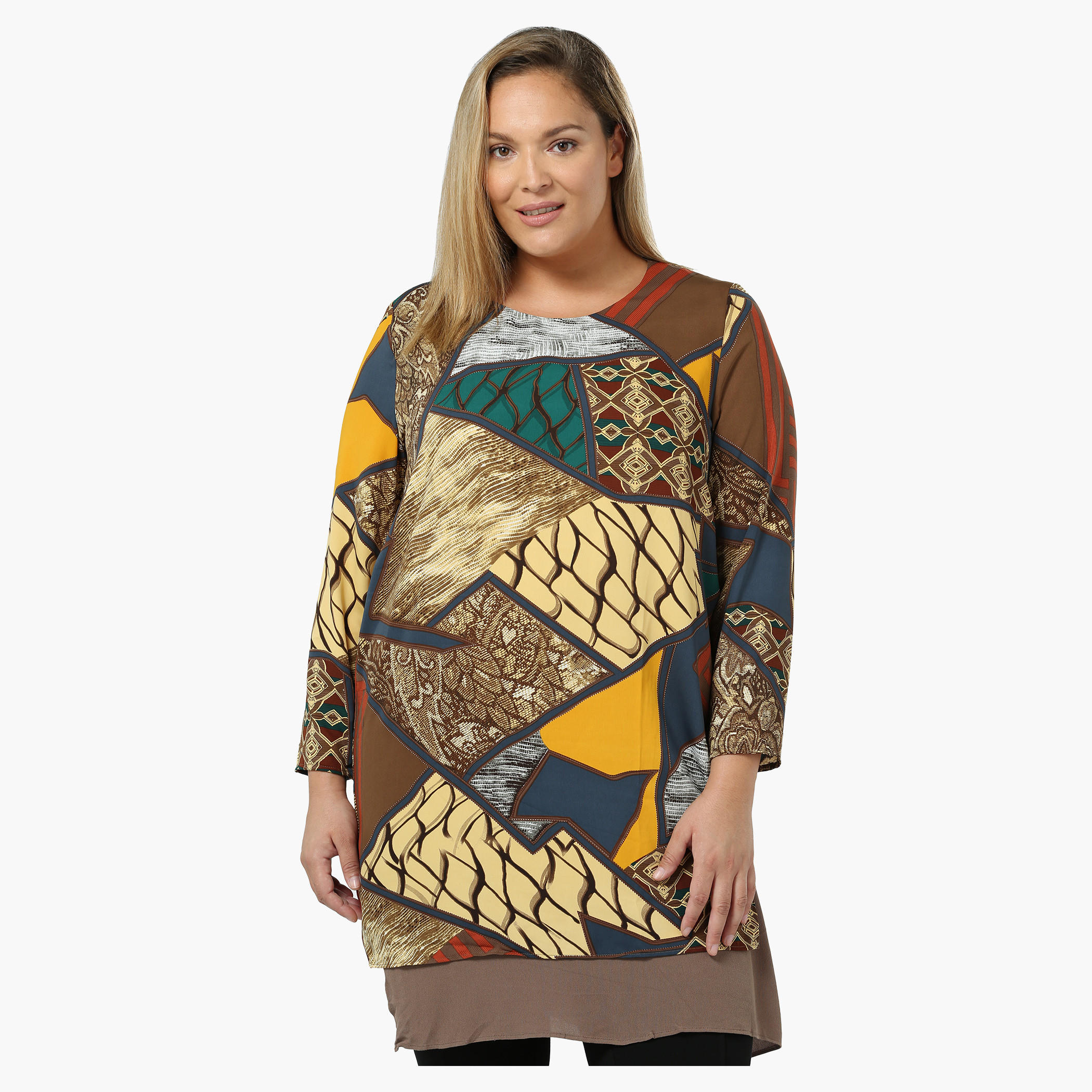 Plus Size Full-sleeved Printed Overlap Tunic-women-clothing-shirtsandblouses-blouses-image-1