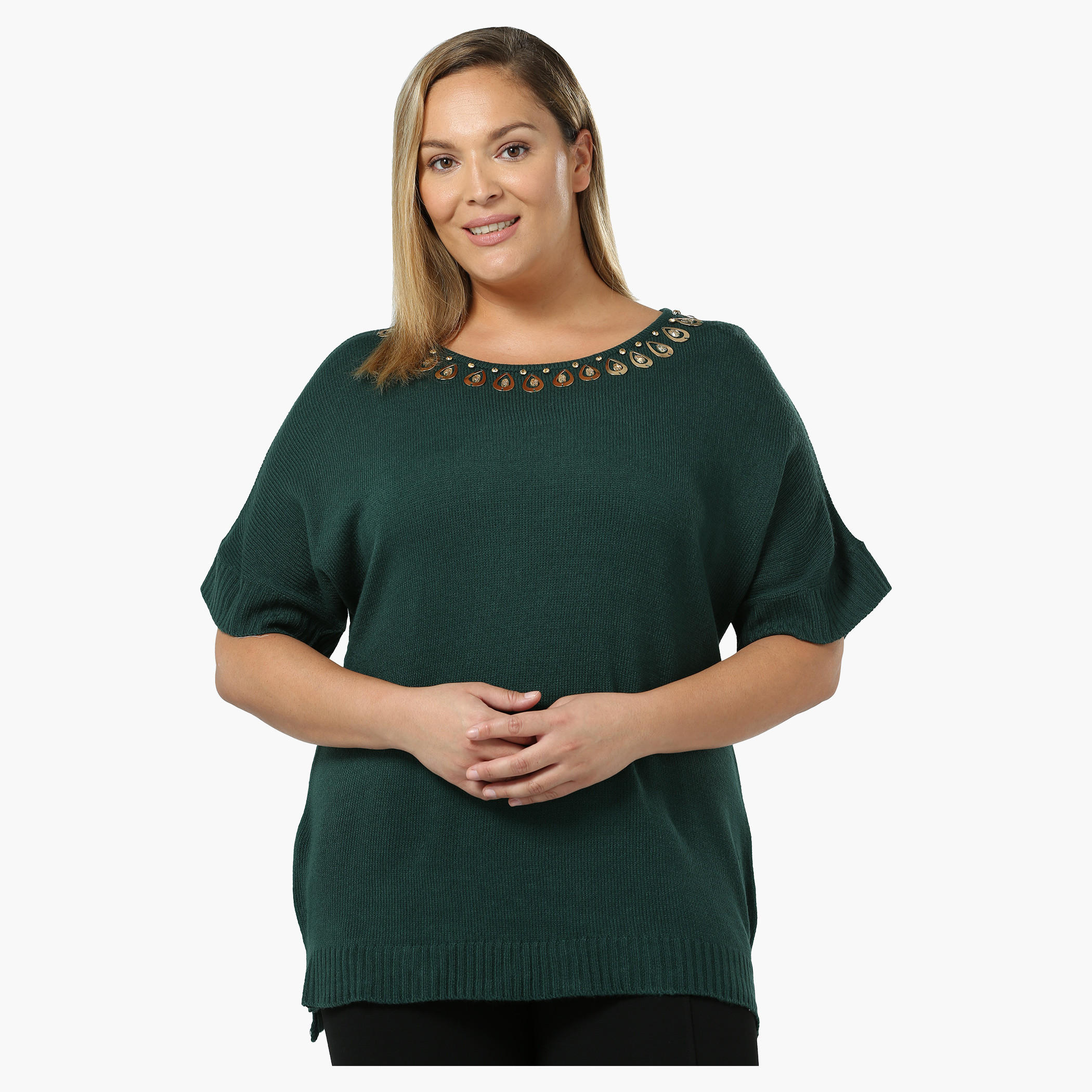 Plus Size Short-sleeved Sweater with Embellished Neck-women-clothing-shirtsandblouses-blouses-image-1