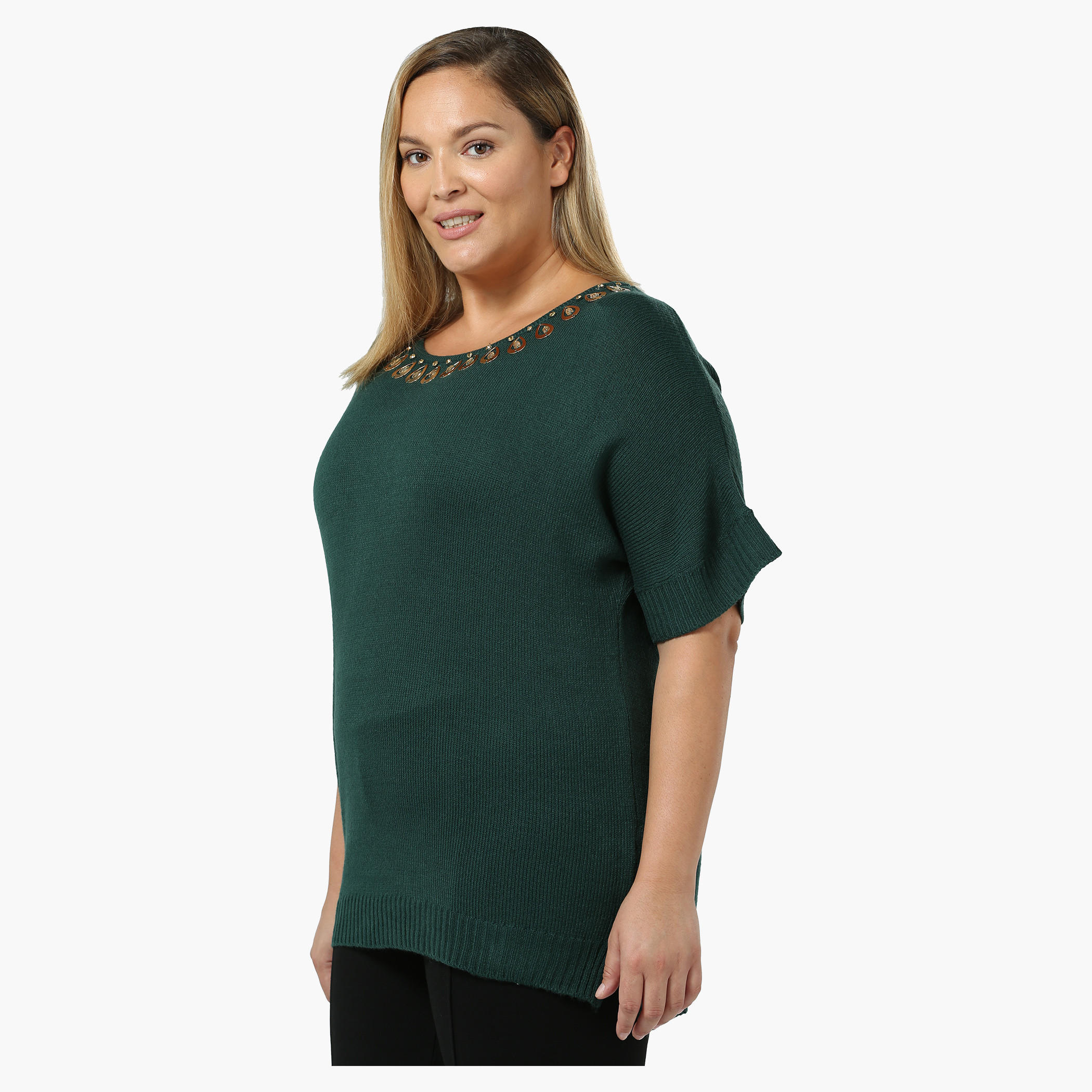 Plus Size Short-sleeved Sweater with Embellished Neck-women-clothing-shirtsandblouses-blouses-image-3