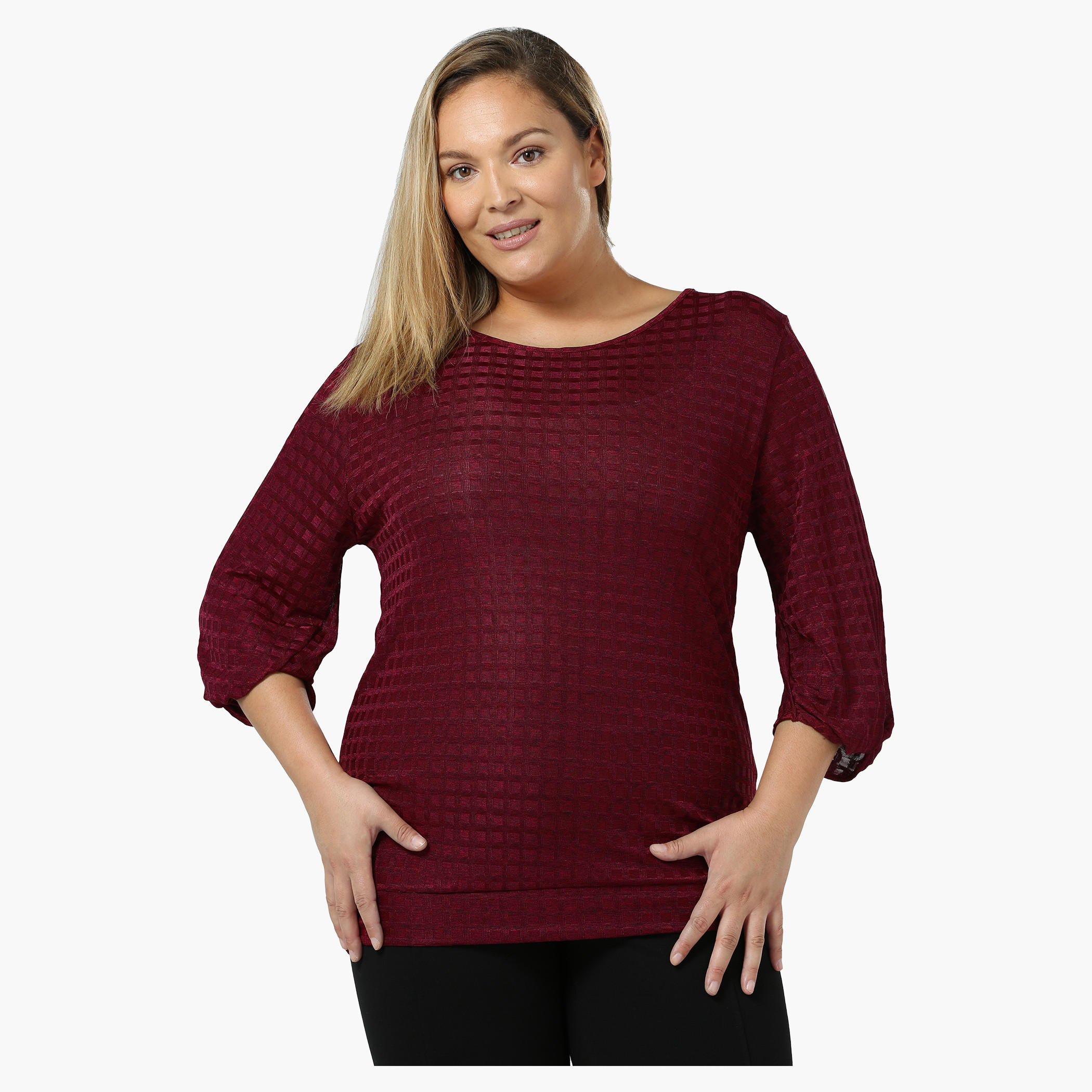 Plus Size Textured Top with Twist Sleeves-women-clothing-tshirts-image-1